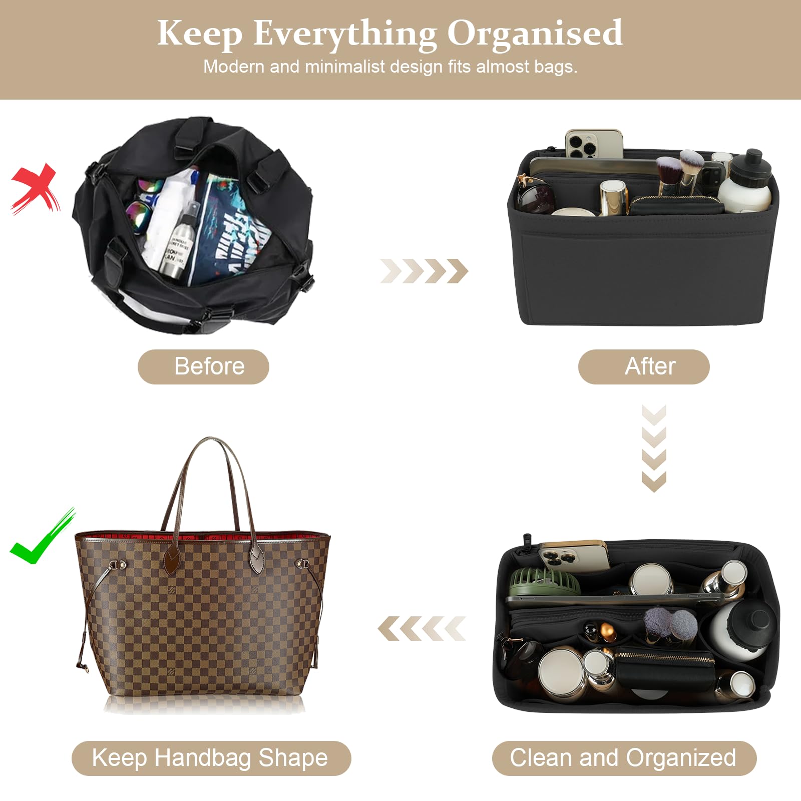 Organisateur De Sac à Main En Feutre - 30x10x20 Cm, Multiples Poches, Pour Ranger Cosmétiques, Téléphone...