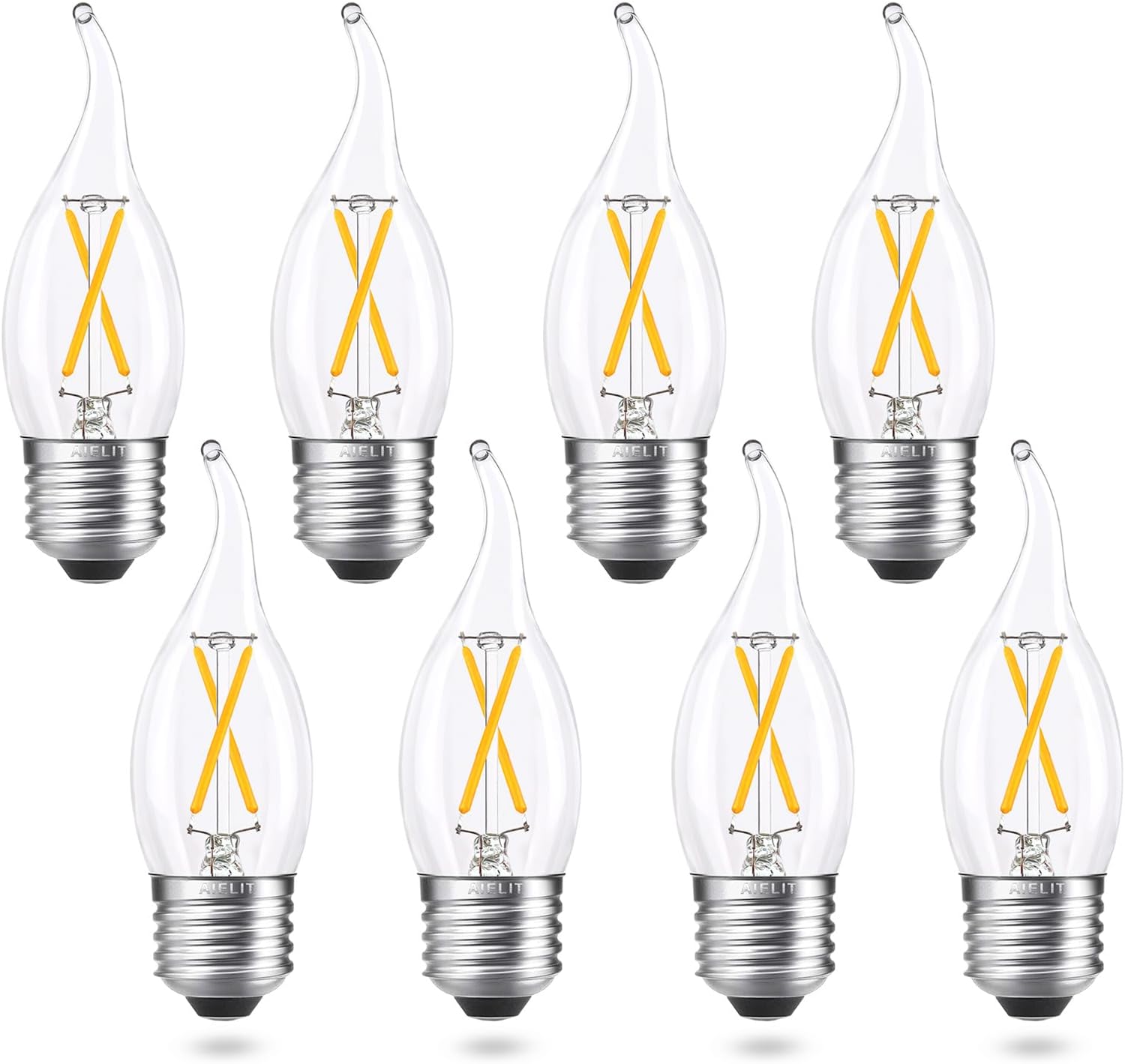 25W Equivalent E26 LED Bulb, Dimmable E26 Candelabra Light Bulbs, Energy Efficient 2W, Warm White 2700K, 200lm Flame Tip CA10 LED Candle Bulb for Pendant Chandeliers Wall sconces, 8 Pack