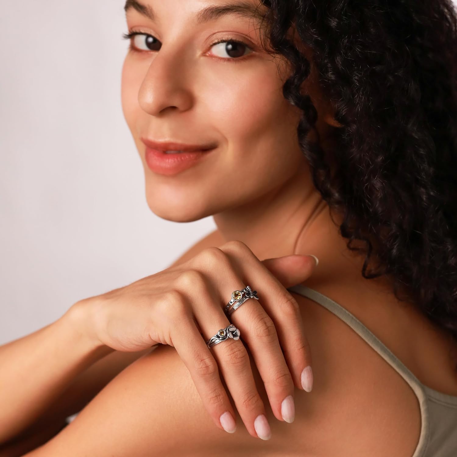 Silvershake Set of 4 Round Shape Gemstone Antique Finishing or Yellow Gold Plated 925 Sterling Silver Dragonfly and Flower Stackable Rings Jewelry for Women Multiple way of Wear