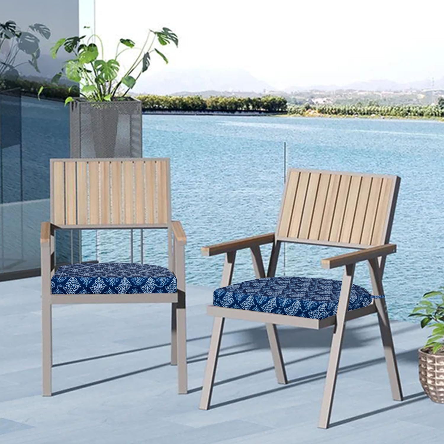 Cozyide Outdoor Chair Cushions, Waterproof Patio Seat Cushions with Adjustable Straps, Round Corner Patio Chair Cushions for Garden, Indigo Badge, 17x16x2 Inch (Pack of 4)