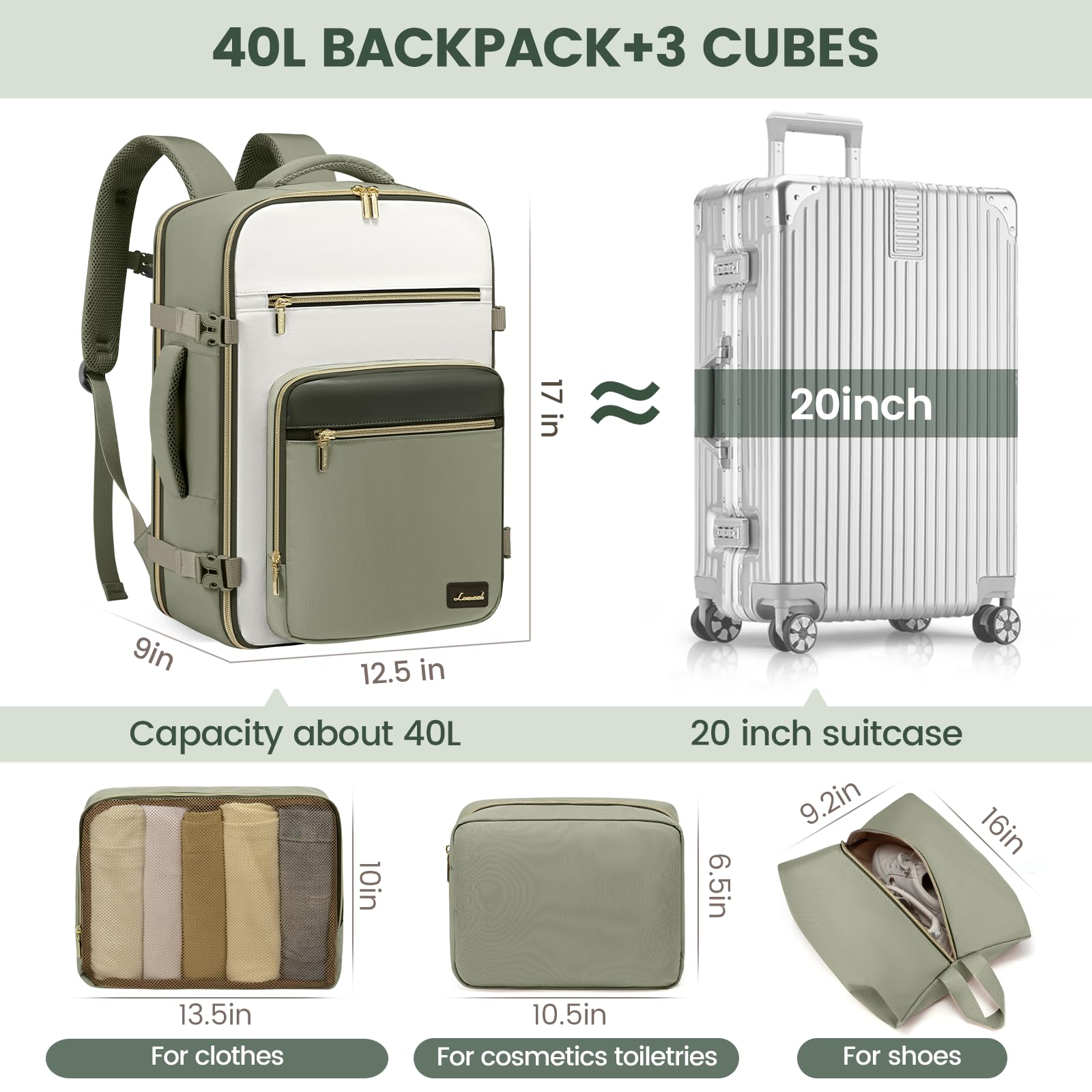 Mochila de viaje para mujer, mochila de transporte de 40 litros aprobada por vuelos, Verde y blanco, Mochilas de viaje 4