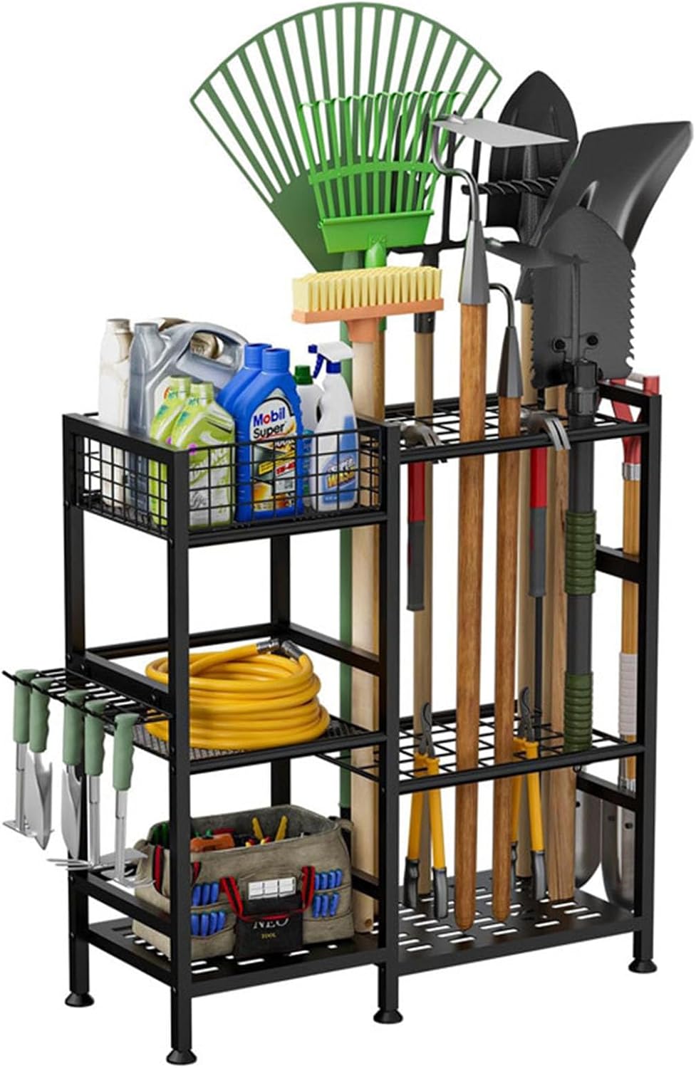 Garden Tool Organizer, Lawn Tool Organizer for Garage, Yard Tools Holder for Garage, Easy to Assemble, Strong Material, for Shed, Workshop, Outdoor,Black tool rack