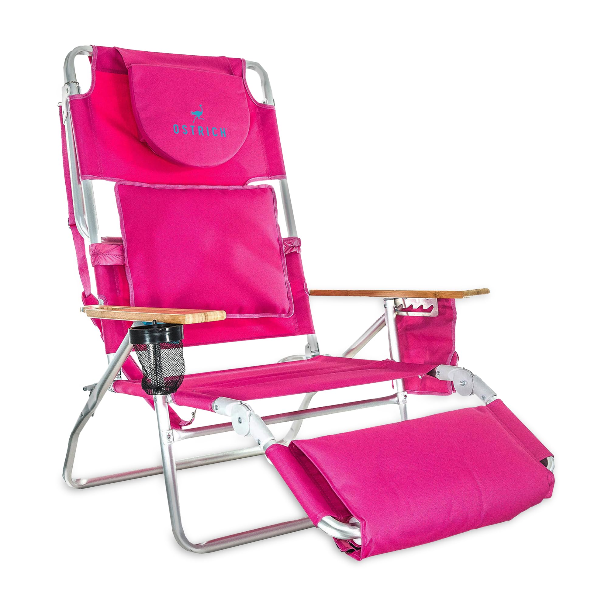 Ostrich Reclining Lounge Chair, Deluxe 3 in 1 Folding Outdoor Beach Lounger, Pink - Compact and Portable Recliner for Pool Tanning, Lawn, Patio, and Yard