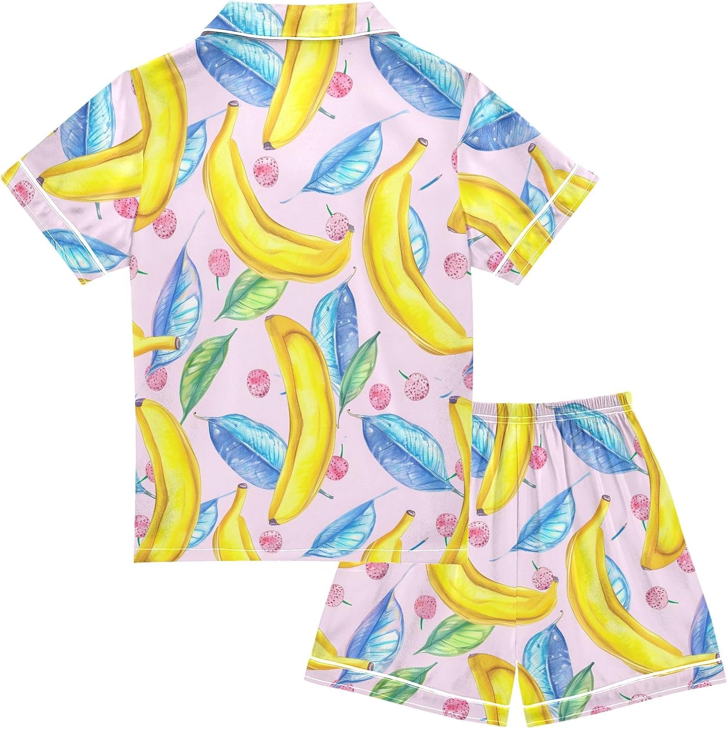 Kids Casual Satin Wear Set Hand-painted Art Banana Leaf Pattern Unisex Short Sleeve Clothing for Relaxing