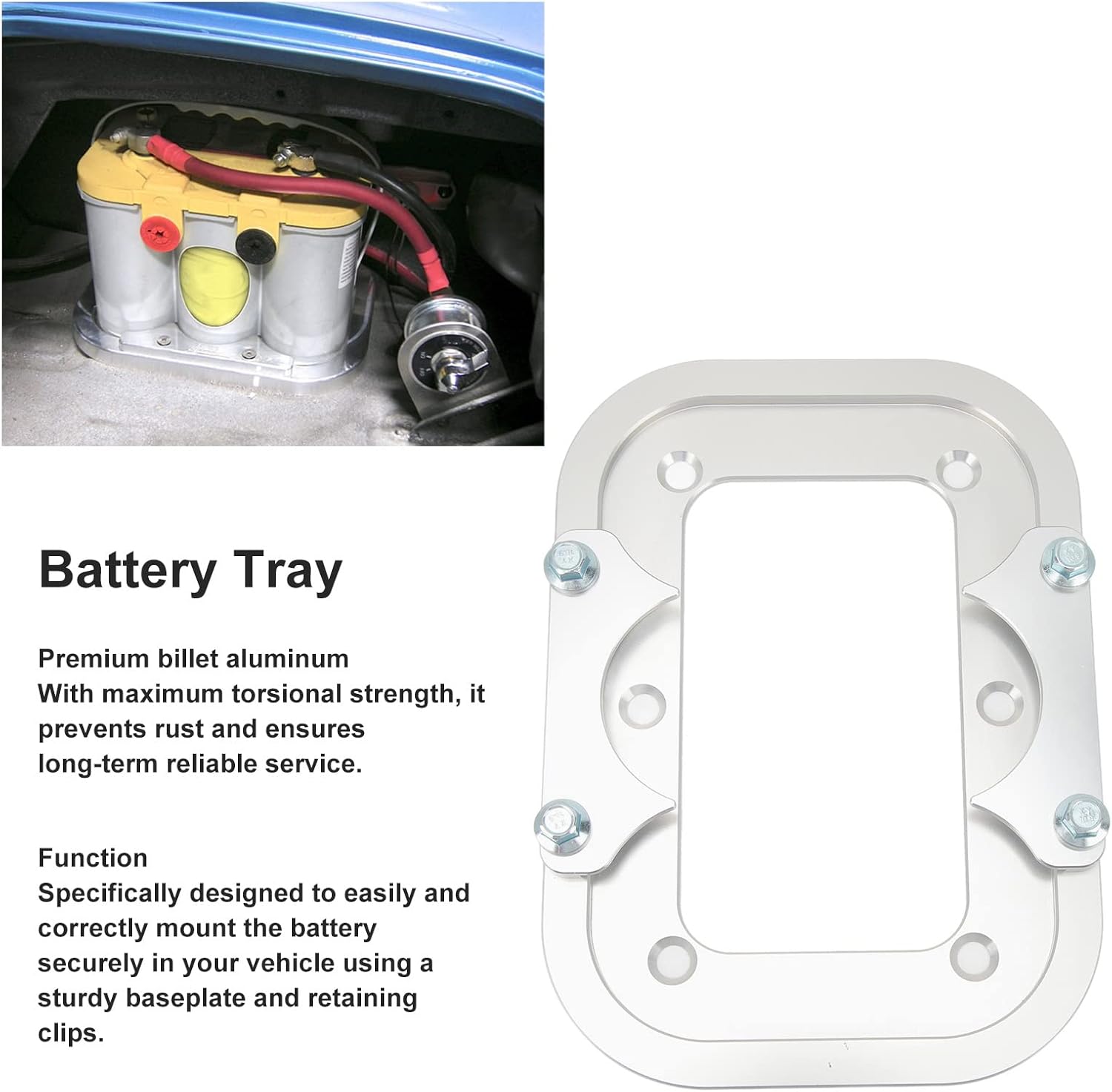Billet Aluminum Battery Tray, Battery Pallet Trunk Battery Hold Down Bracket Compatible with Racing Trunk Optima Batteries Blue Yellow Red Top 34M D34M D34 D34/78 34 34/78