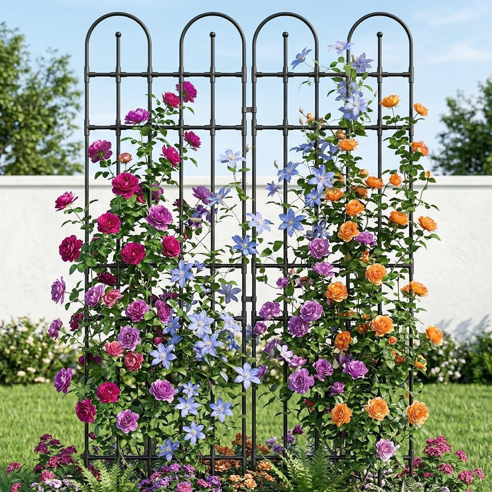 Black Garden Trellis, 71x21 Inch Metal Arch Decoration with Rustic Iron & Black Coating, 2 Pack Outdoor Plant Support for Climbing Roses, Vines, Flowers, Vegetables