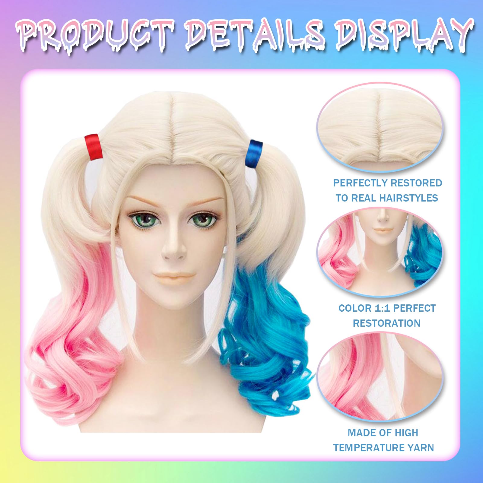 Peluca De Cosplay Rosa Y Azul Con Dos Coletas, Incluye Bate Inflable, Collar Y Tatuajes, Ideal Para Halloween Y Fiestas De Disfraces