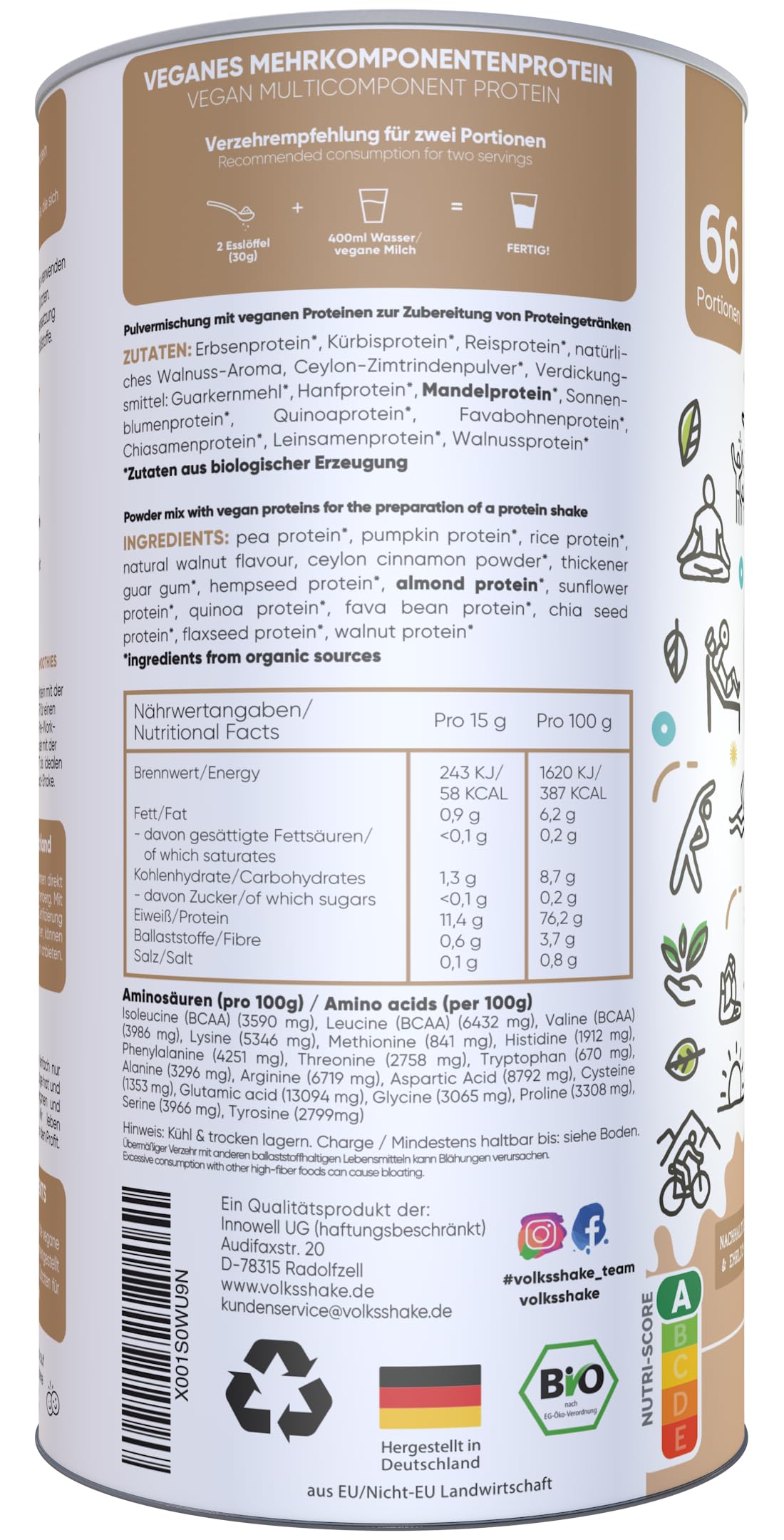 BIO Protein vegan | Walnuss | DE-ÖKO-006 | 10 pflanzliche Proteinquellen | Ohne Süßungsmittel | Ohne Soja & Gluten | Premiumqualität vom Bodensee | Made in Germany (1000g, Walnuss)