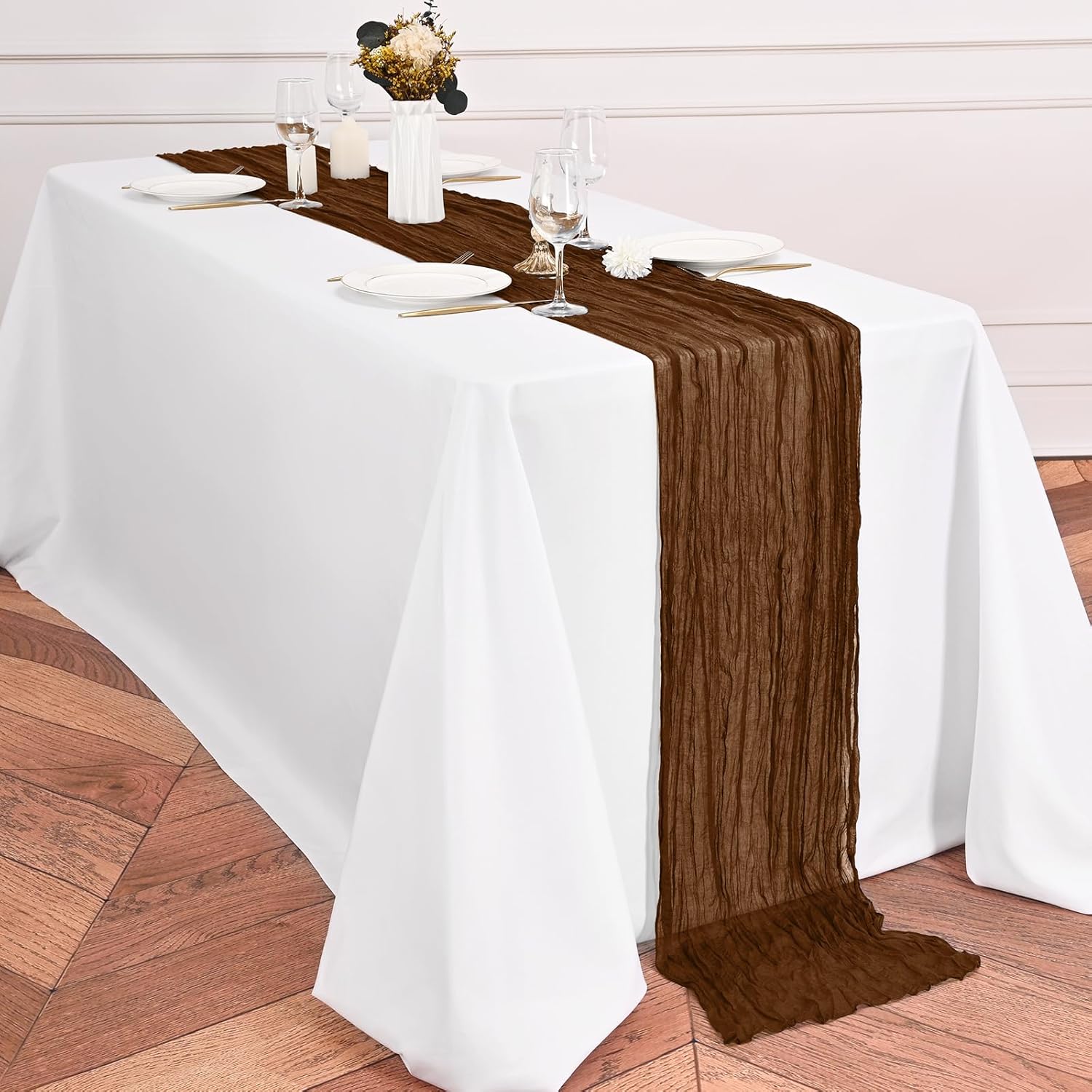 12 Pack Brown Table Runner 10Ft Cheesecloth Table Runner Rustic Gauze Table Runners Romantic Long Sheer Fabric Cheese Cloth Table Runners for Wedding Party Bridal Baby Shower