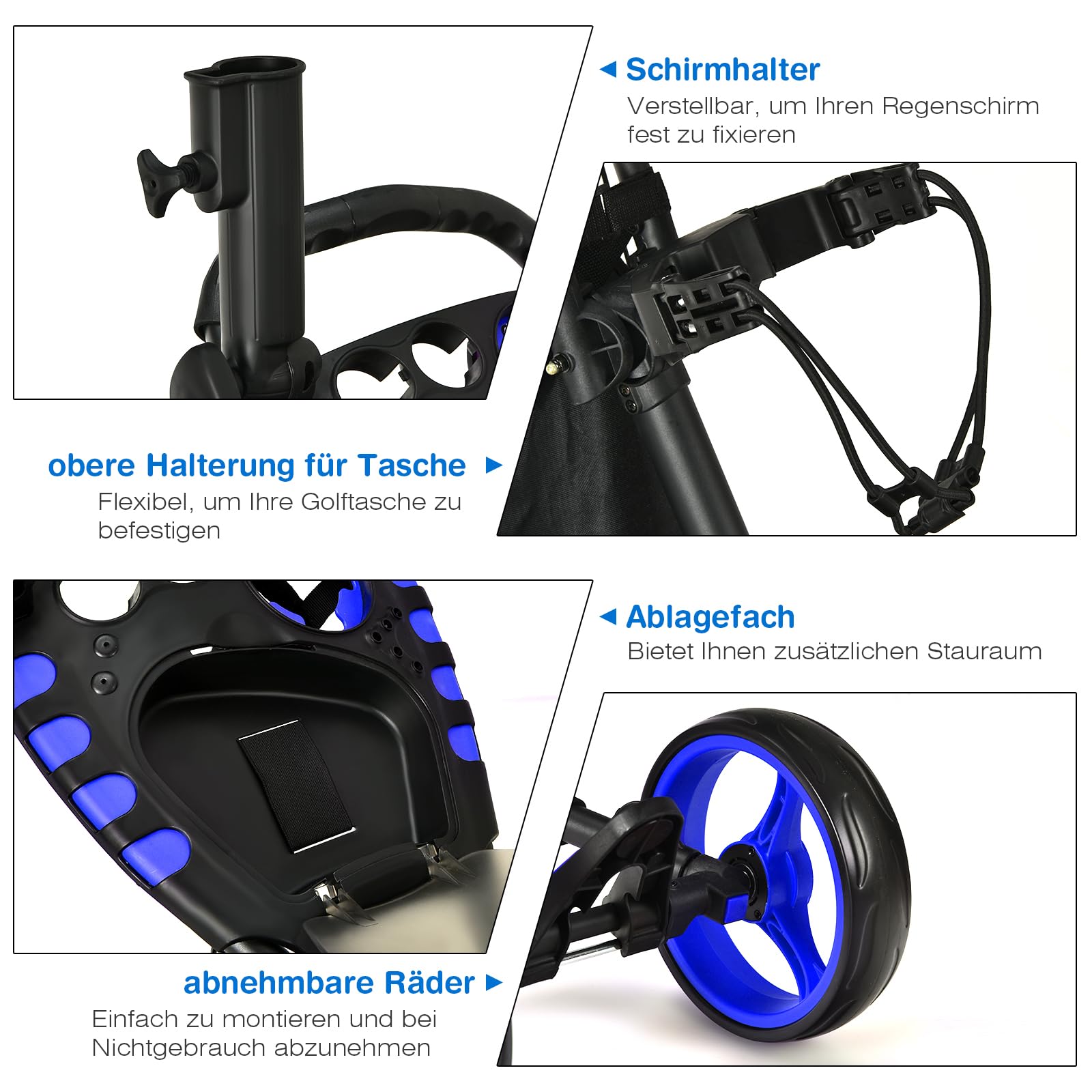 GYMAX Golfwagen klappbar, Golf Trolley mit 4 Räder & höhenverstellbare Positionen, Golftrolley mit ergonomischer Griff, verstellbarem Schirmhalter & Tasche