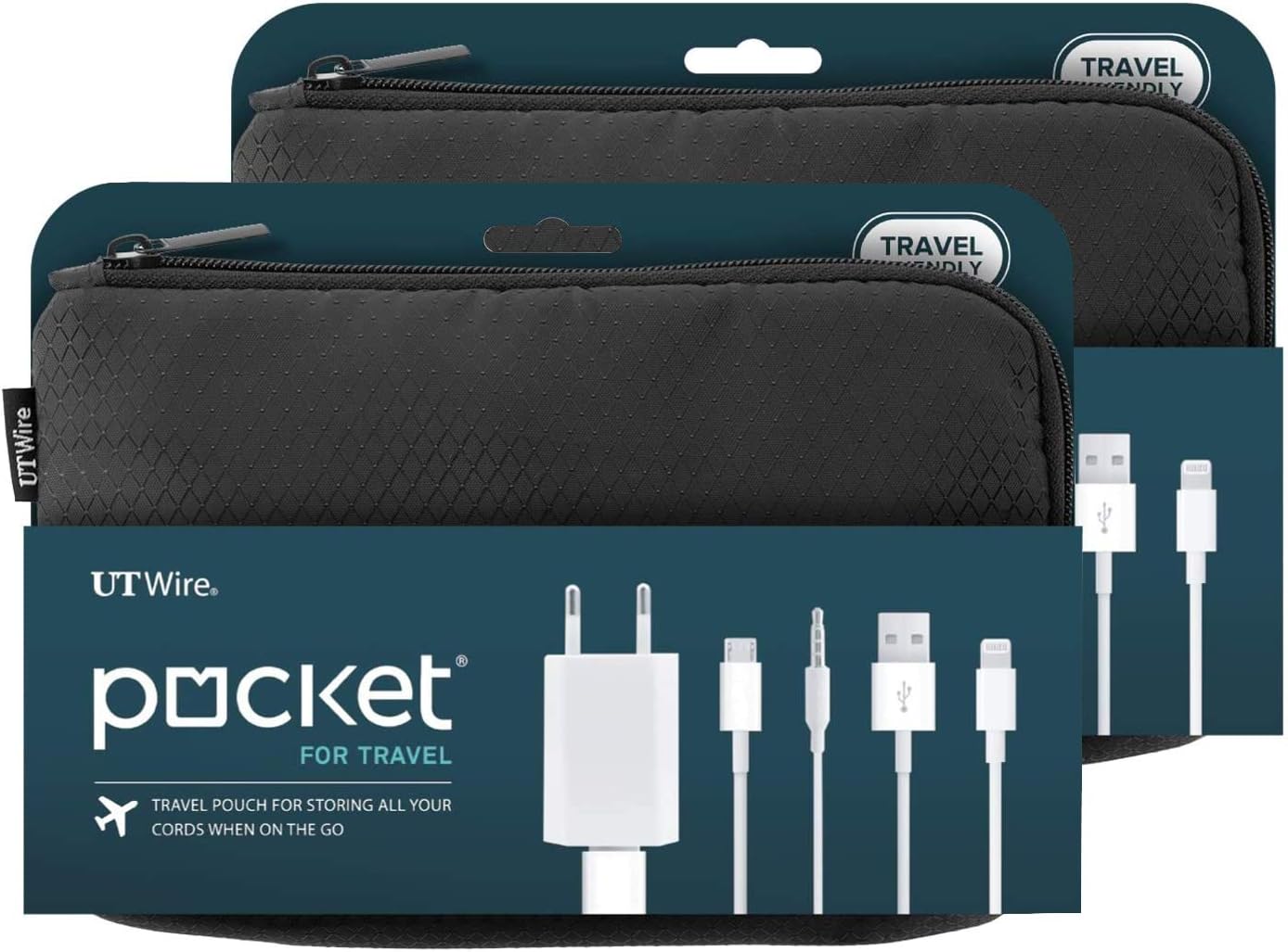 UT Wire Pocket Travel Organizer Case and Accessory Holder, 2 Pack, Black