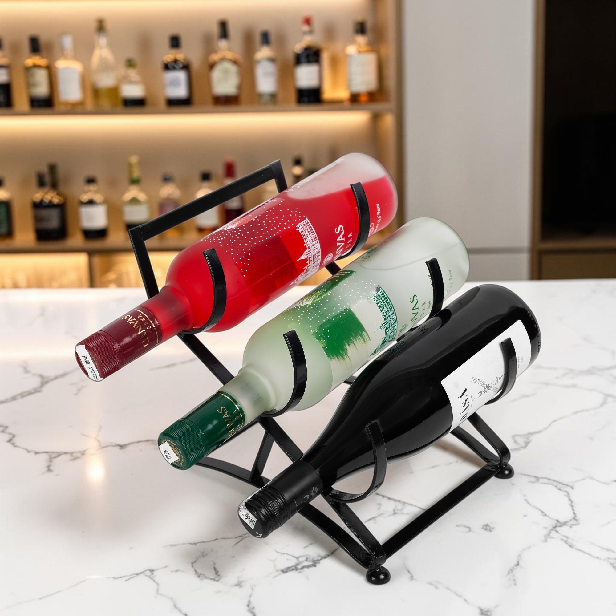Wine Rack for Countertop | 3 Bottle Metal Wine Bottle Holder Stand | Wine Storage Organizer for Dining Table & Home Bar | Decorative Liquor Bottle Display Shelf - JGR-1175-image-5