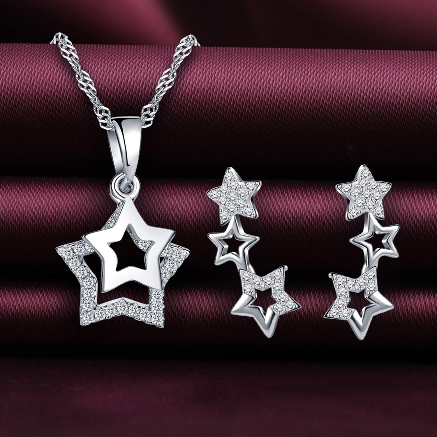Collier étoile en Argent 925, Pendentif pour Femme Fille, Bague d'oreille étoile diamanté, orné des zircons, Ensembles de Bijoux, Argent, Cadeau Noël Anniversaire, Argent Sterling, Zircone cubique,