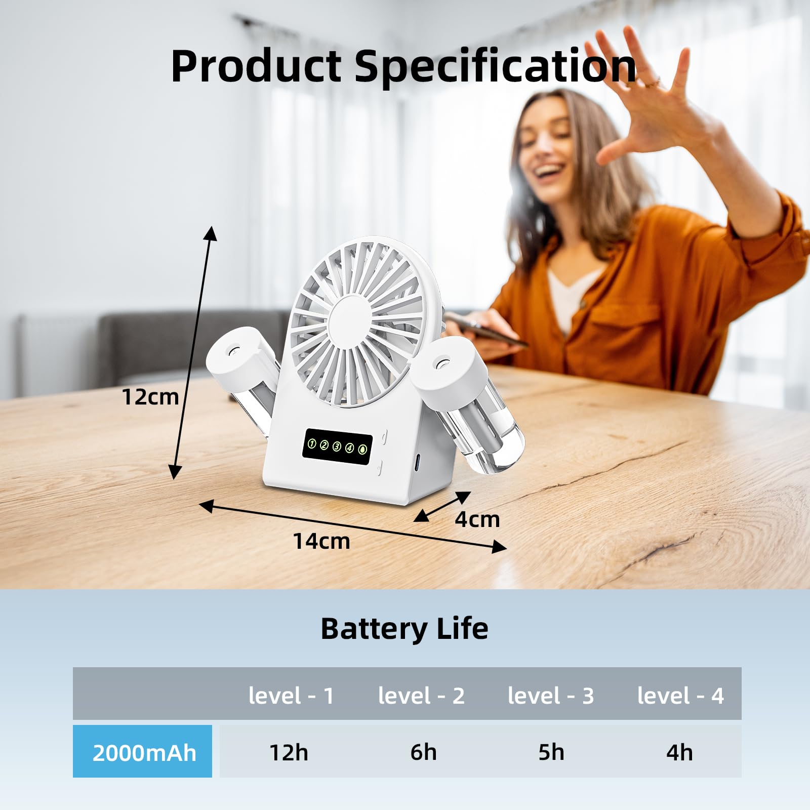 JIZZU Ventilateur De Table Portable Avec 2 Humidificateurs à