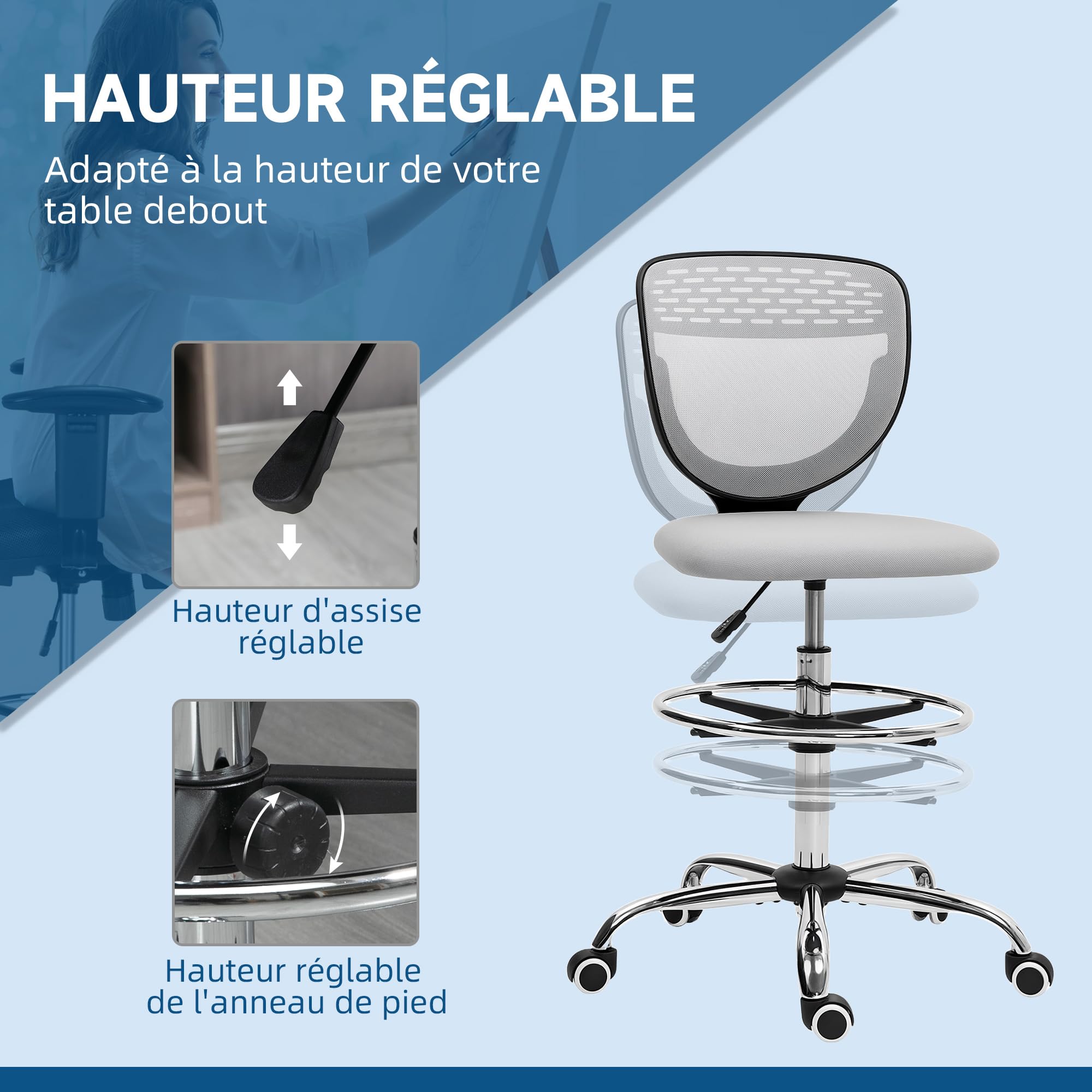 Vinsetto Sedia da ufficio ergonomica sgabello da ufficio con poggiapiedi e senza braccioli, sedia da disegno a schienale medio in rete, altezza regolabile, seduta imbottita e girevole a 360° grigio