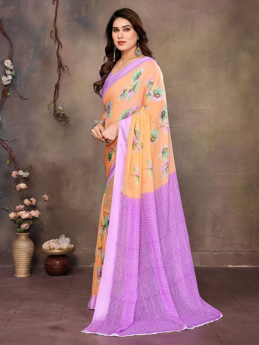 saree indiano donna Printed Georgette Light Weight Party Orange sari indiani donna Purple Blouse Piece-1198