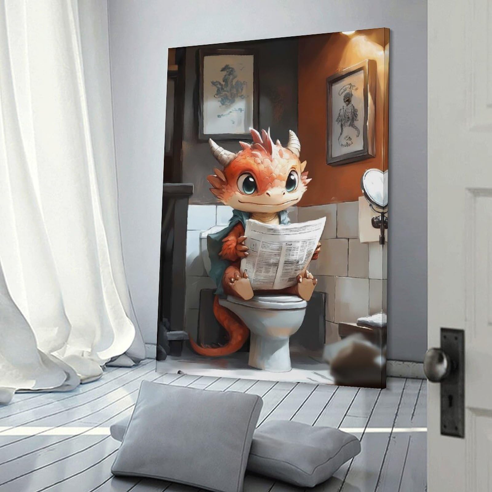 Junmoney Dragon Reading on Toilet Home Decor Wall Art 24x36inch(60x90cm), for Office, Study Or Home Workspace, Home Office Artwork with Decorative Appeal