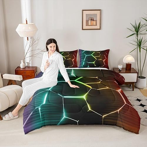 Miniatura 5 de Feelyou Juego de edredón de panal de miel hexagonal degradado colorido para niños, niñas y adolescentes, juego de ropa de cama geométrica de