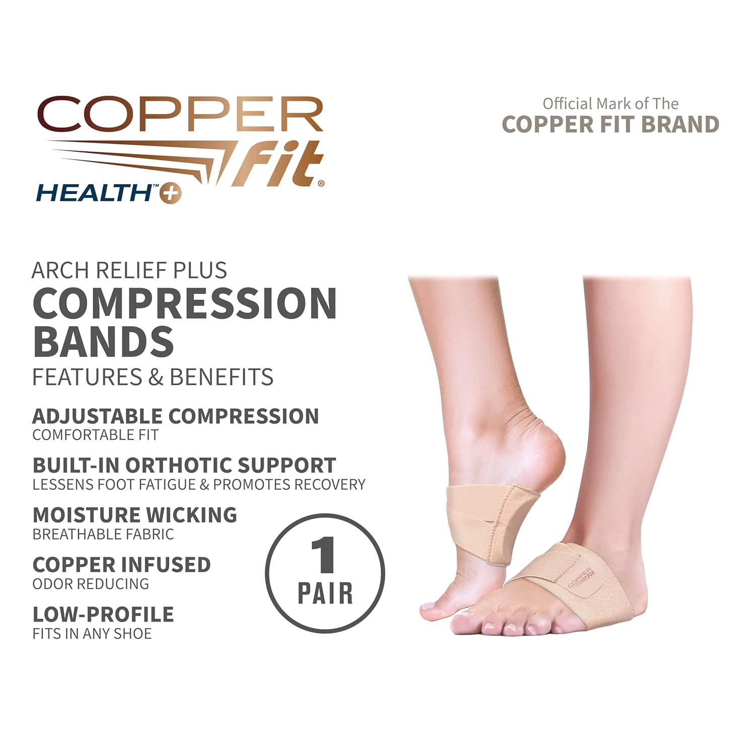 Copper Fit Unisex Arch Relief Plus with Built-In Orthotic Support, Beige : Health & Household