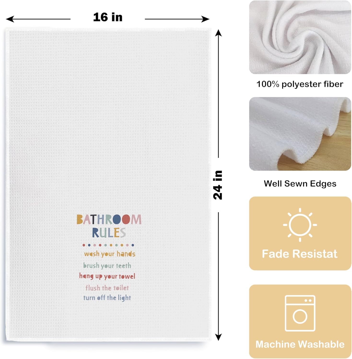 Bathroom Rules Decorative Kids Hand Towels, Boho Decor for Toddler Boys Girls, 16x24 Inch - Image 5