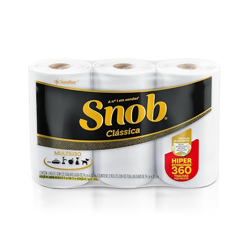 Snob Papel toalha multiuso folha dupla branca hiper 360fls, 3 rolos Snob Papel toalha multiuso folha dupla branca hiper 360fls, 3 rolos