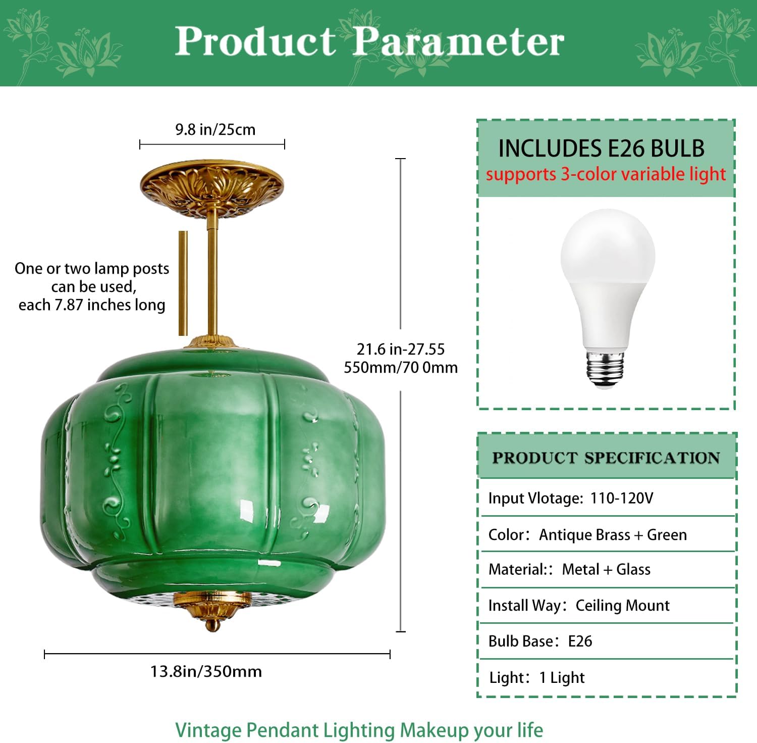 Green Milk Glass Pendant Light, Vintage Pumpkin Semi Flush Mount Ceiling Light with Unique Flower Lines, Antique Brass Mid Century Modern Light Fixture for Kitchen Island Bedroom Hallway