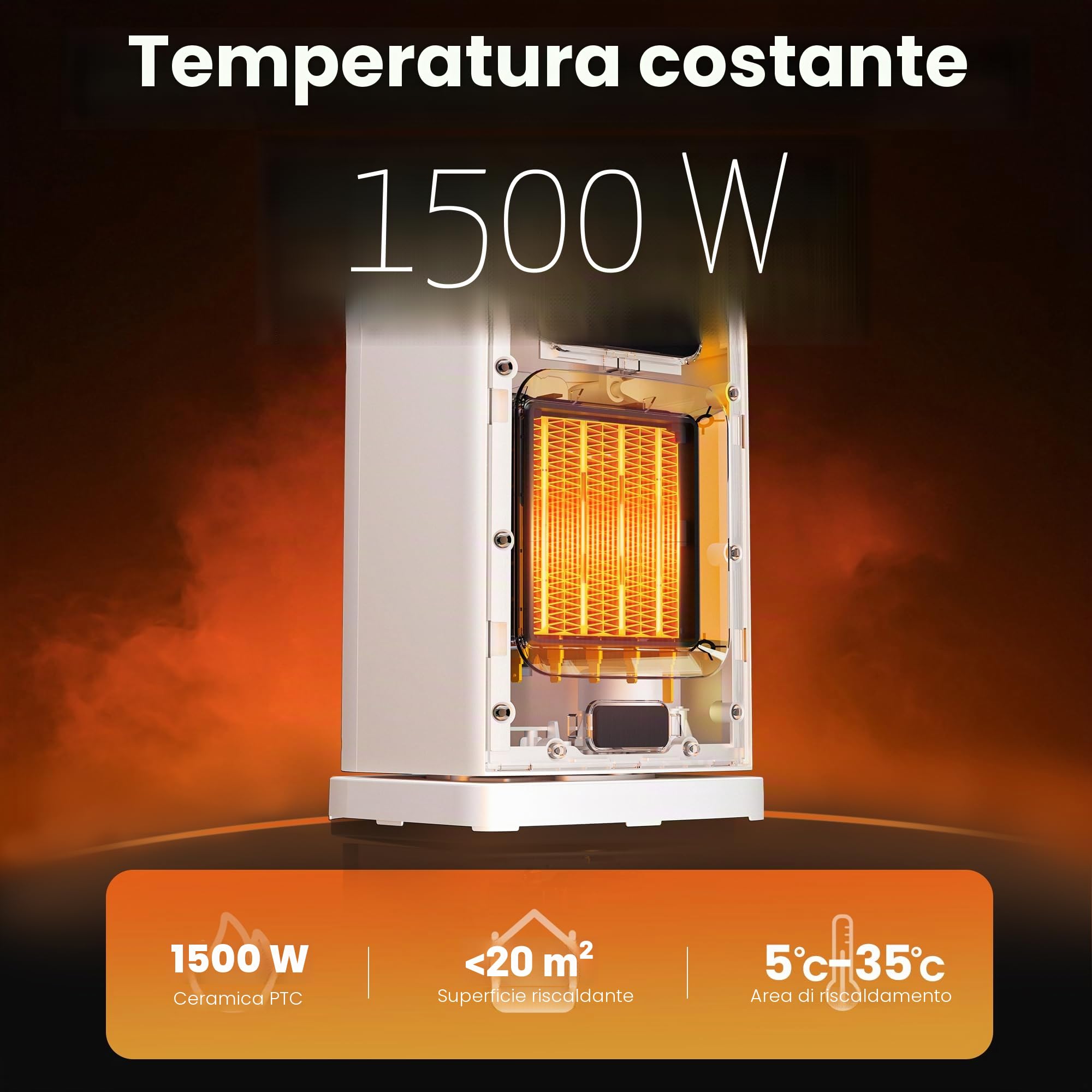 FLANUR Termoventilatore a risparmio energetico, 1500 W PTC, termoventilatore portatile con termostato e modalità ECO, termoventilatore 2 in 1, display digitale, timer da 12 ore, riscaldamento