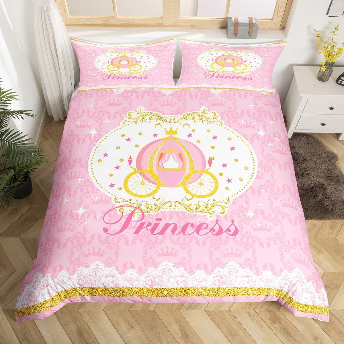 Homewish Girls Pink Theme Bedding Set,Carriage Duvet Cover for Teens,Kids Princess Style Comforter Cover Decorative Room,Children Cute Cartoon Quilt Cover with 2 Pillowcases,Full Size(No Comforter)