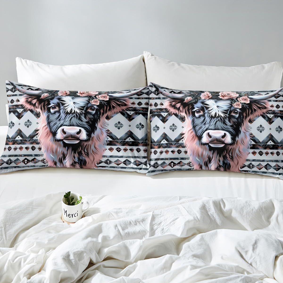 jejeloiu Highland Cow Bedding Set Western Highland Cattle Duvet Cover Twin Size for Kids Boys Girls Teens Botanical Floral Printed Comforter Cover Set Romantic Bedspread Cover with 1 Pillow Case