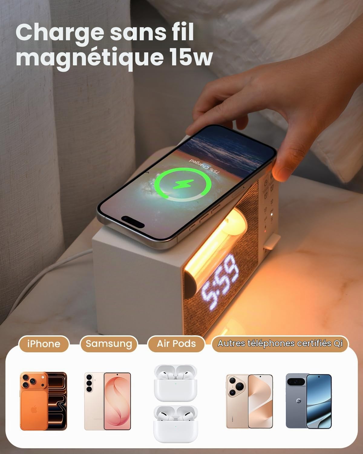 Lampe de Chevet 3 en 1 avec Chargeur sans Fil et Réveil Lumineux – Station d’Accueil pour iPhone, Veilleuse avec 20 Sons Apaisants, Simulateur d’Aube pour Chambre, Bureau et Table de Nuit