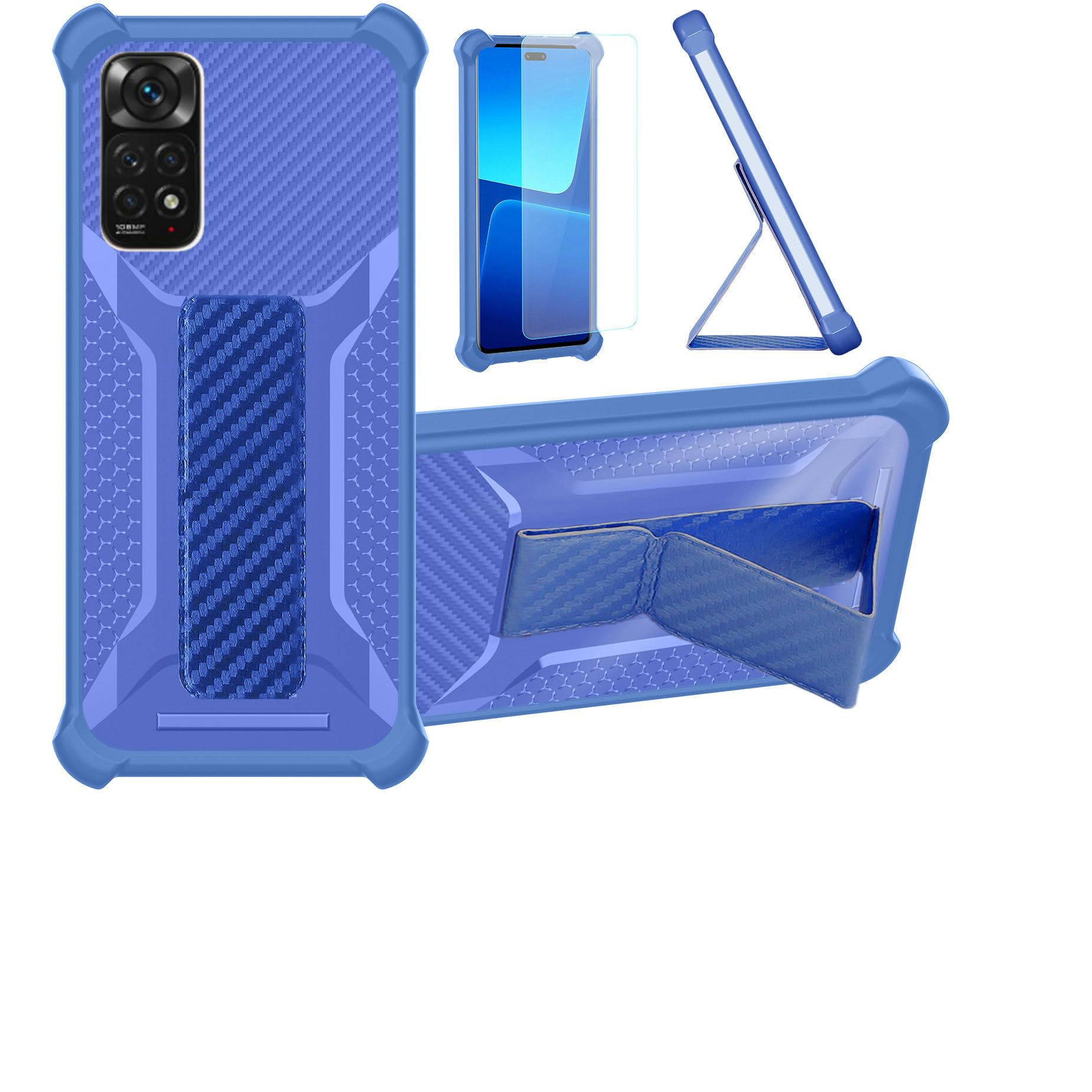 Case for Redmi Note 11s Phone Case Stand Cover [with Tempered Glass Screen Protector] Hybrid Case [Folding Support Magnetic] [Frosted Anti-Fingerprint] Blue