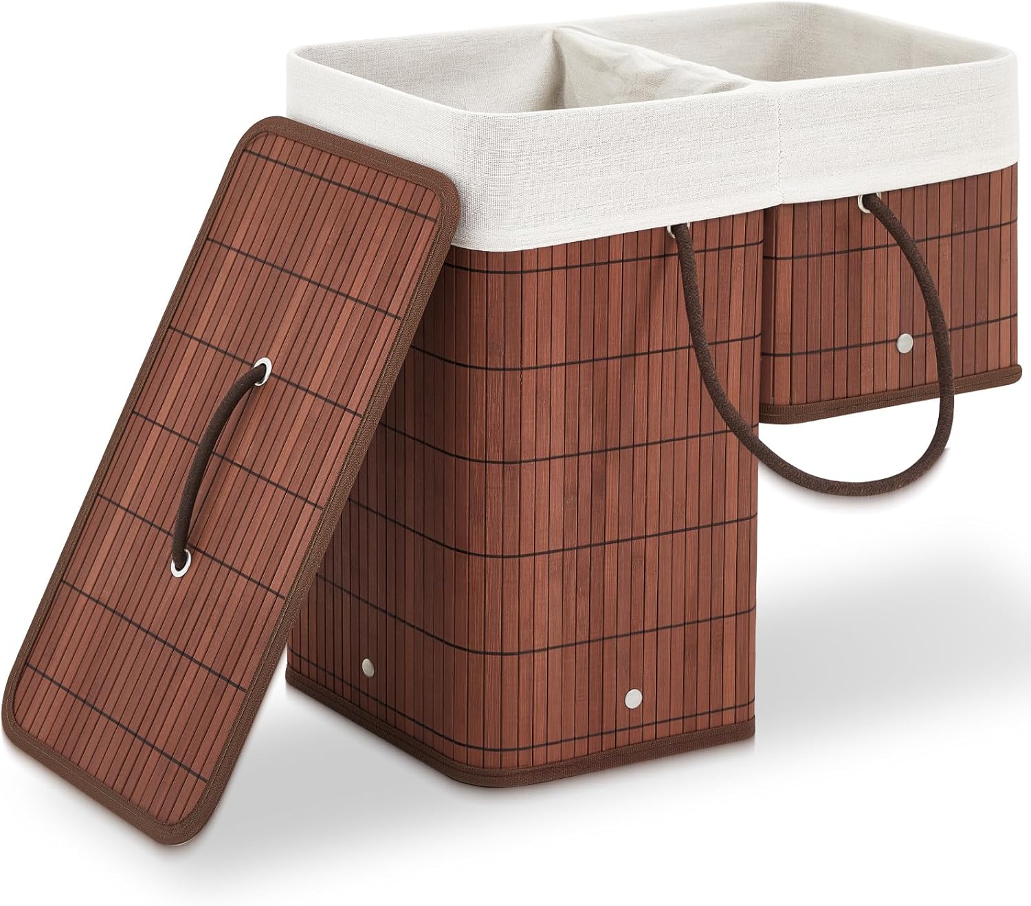 1 Stair Basket with Lid and Handles, Foldable Staircase Baskets for Carpeted and Wooden Stairs, Bamboo Step Storage Organizer for Toys Clothes Books (Brown)