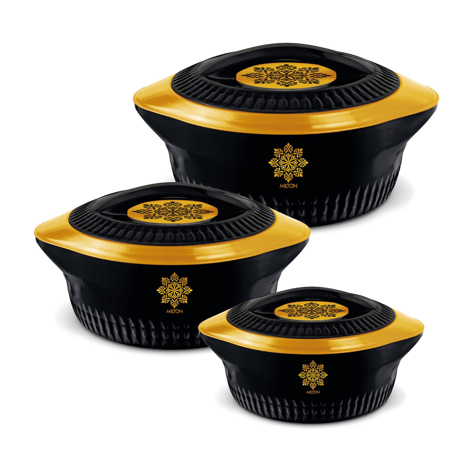 MILTON Royal Regular Casserole 5000/7500/10000, Set of 3, (4.5 Ltrs, 7.5 Ltrs, 10 Ltrs), Black Gold | BPA Free | Food Grade | PU Insulated | Hot & Cold
