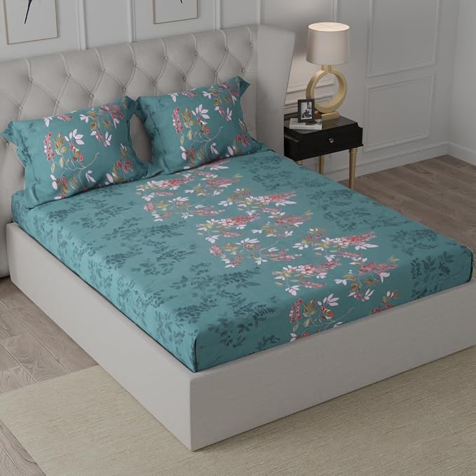 Cloth Fusion Glace Cotton Elastic Fitted Bedsheet Queen Size for Double Bed with 2 Pillow Covers (78X60 inches, Botanical Night)