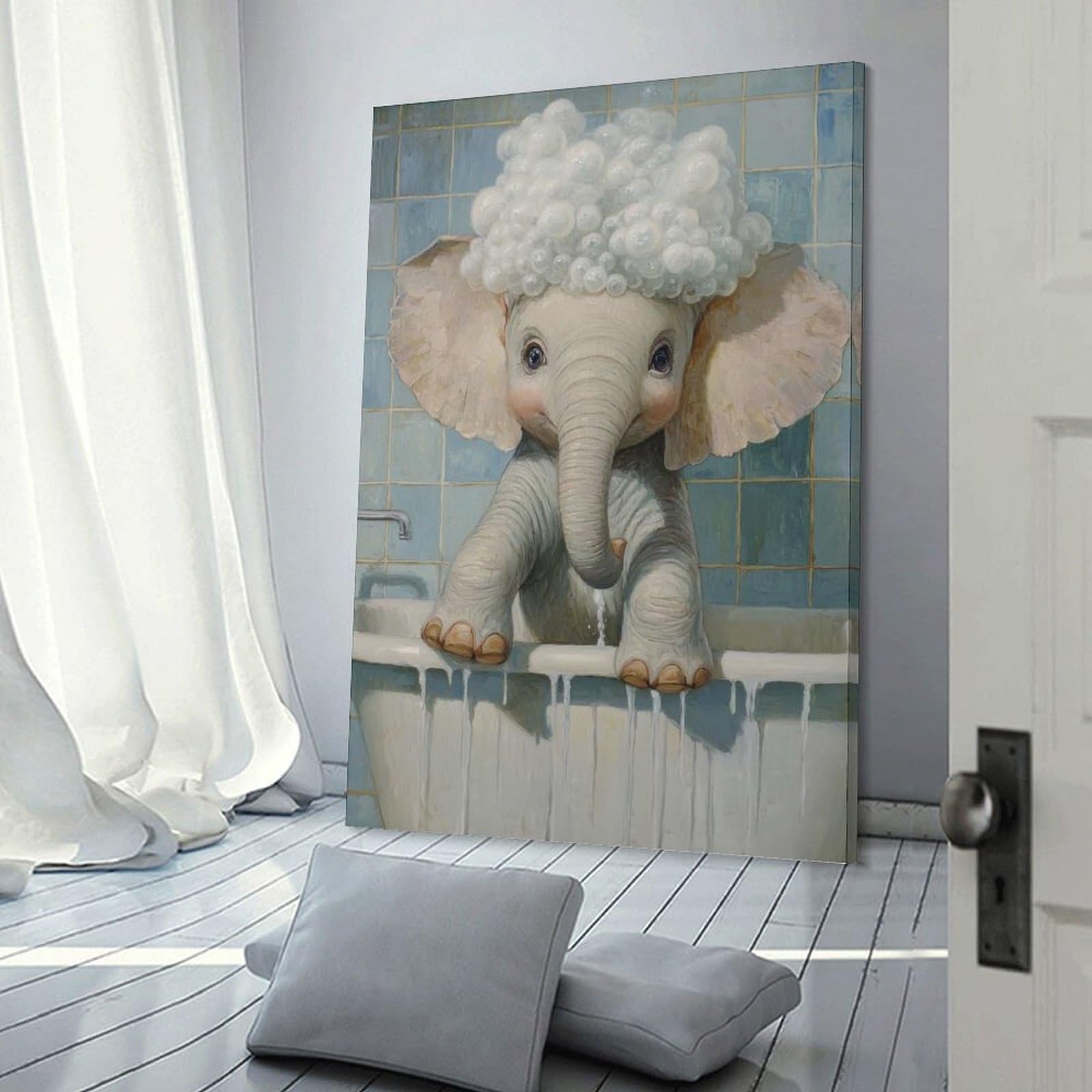 Junmoney Elephant Bath Time Room Decor Wall Art 16x24inch(40x60cm), for Bedroom, Guest Room Or Reading Nook, An Easy Wall Refresh for Bedrooms