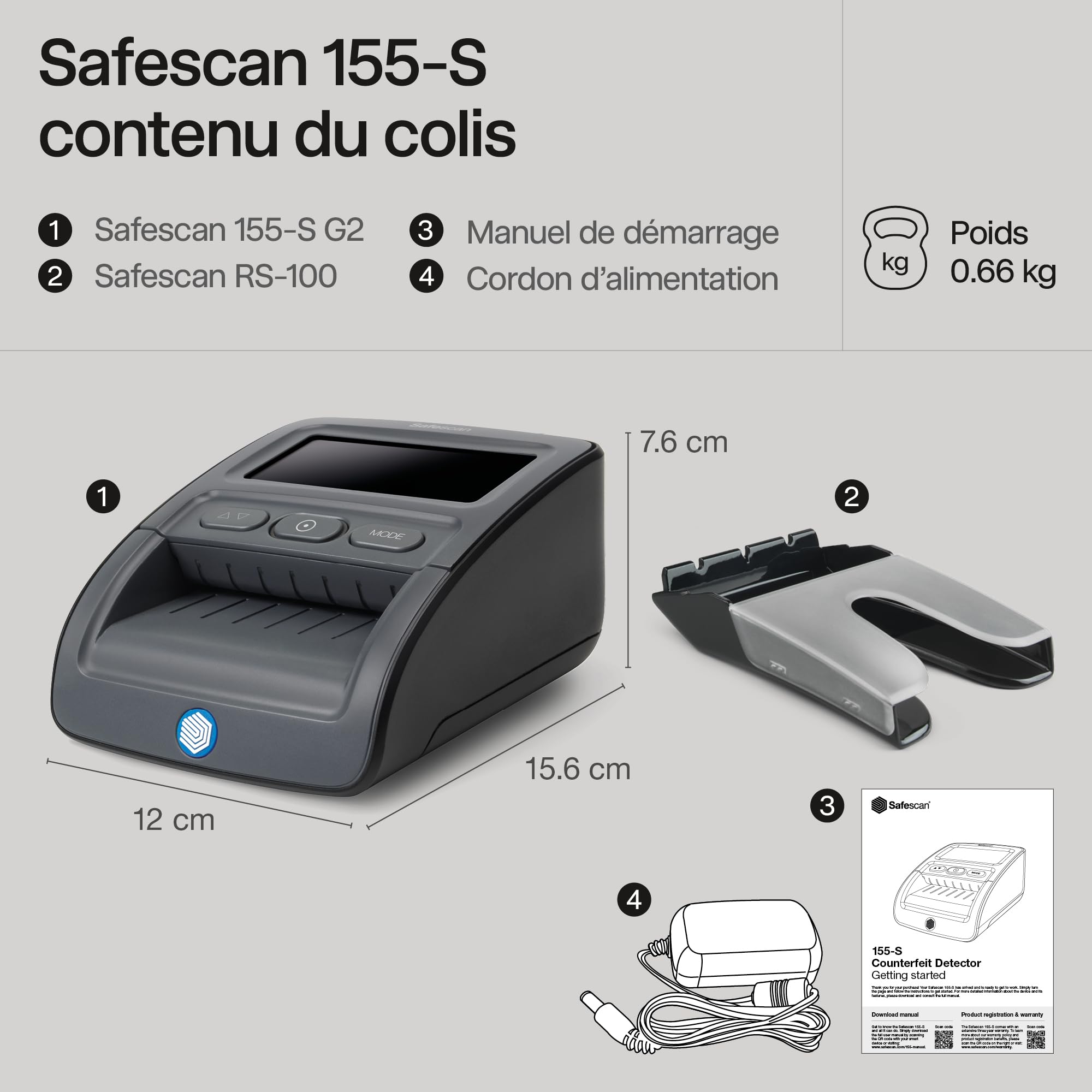 Safescan 155-S & RS-100 détecteur de Faux Billets Automatique pour vérifier Rapidement Les Billets - Détection sur 7 Points - Machine de vérification d'argent 100% précise avec empileur Inclus