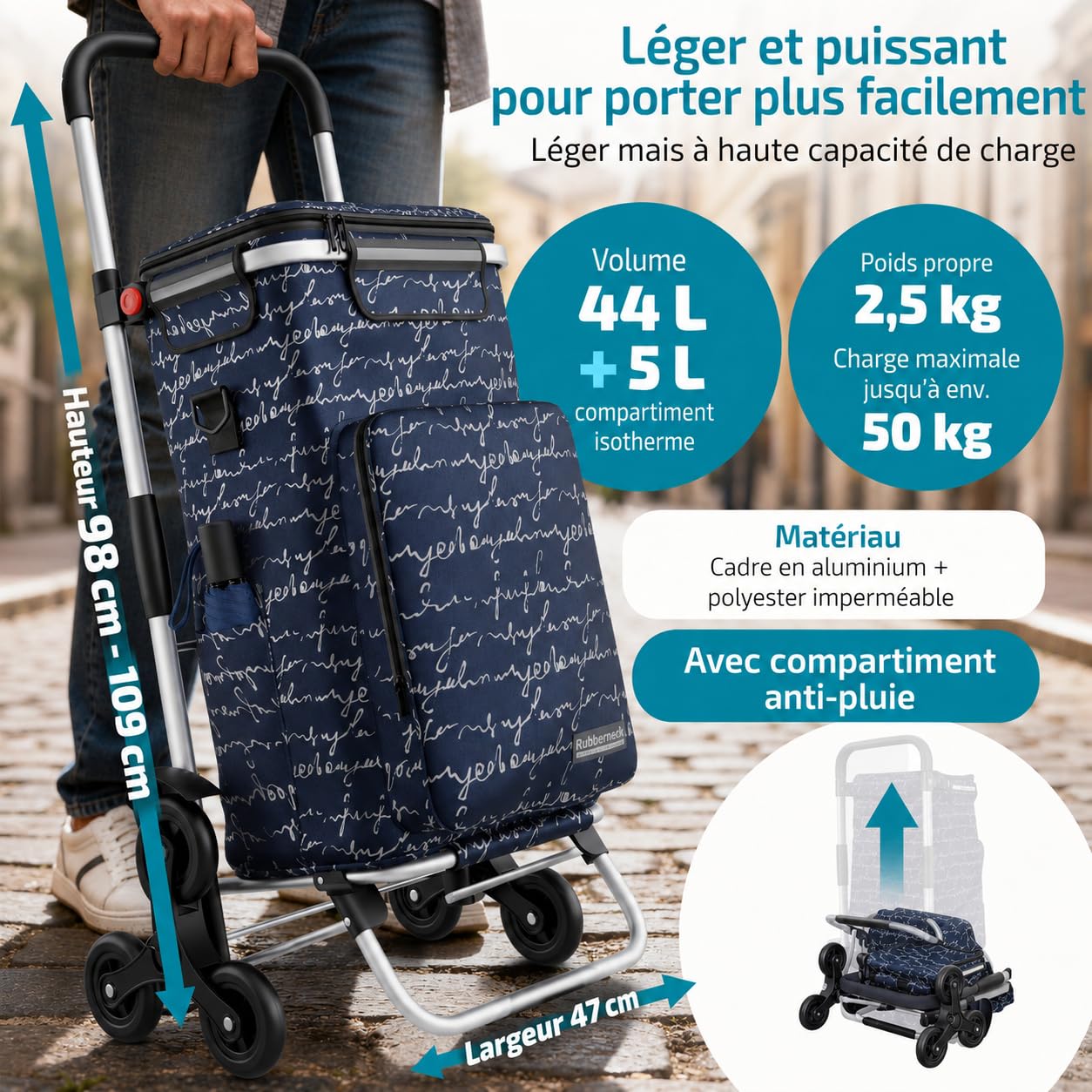 Rubberneck Chariot de Courses Pliable 44L avec Compartiment Isotherme Bleu