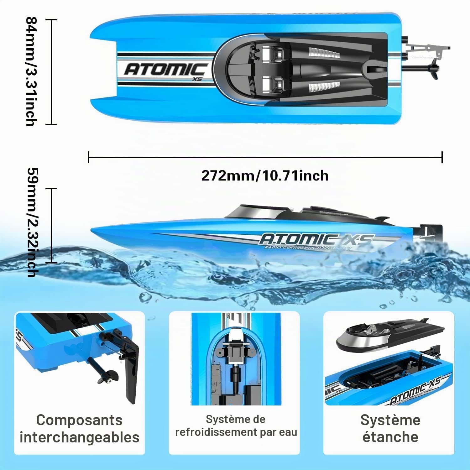 volantexrc Bateau Télécommandé, RC Bateau débutant, 2,4 GHz Haute Vitesse Bateaux avec Alarme de Batterie Faible pour Adultes (Atomic XS)