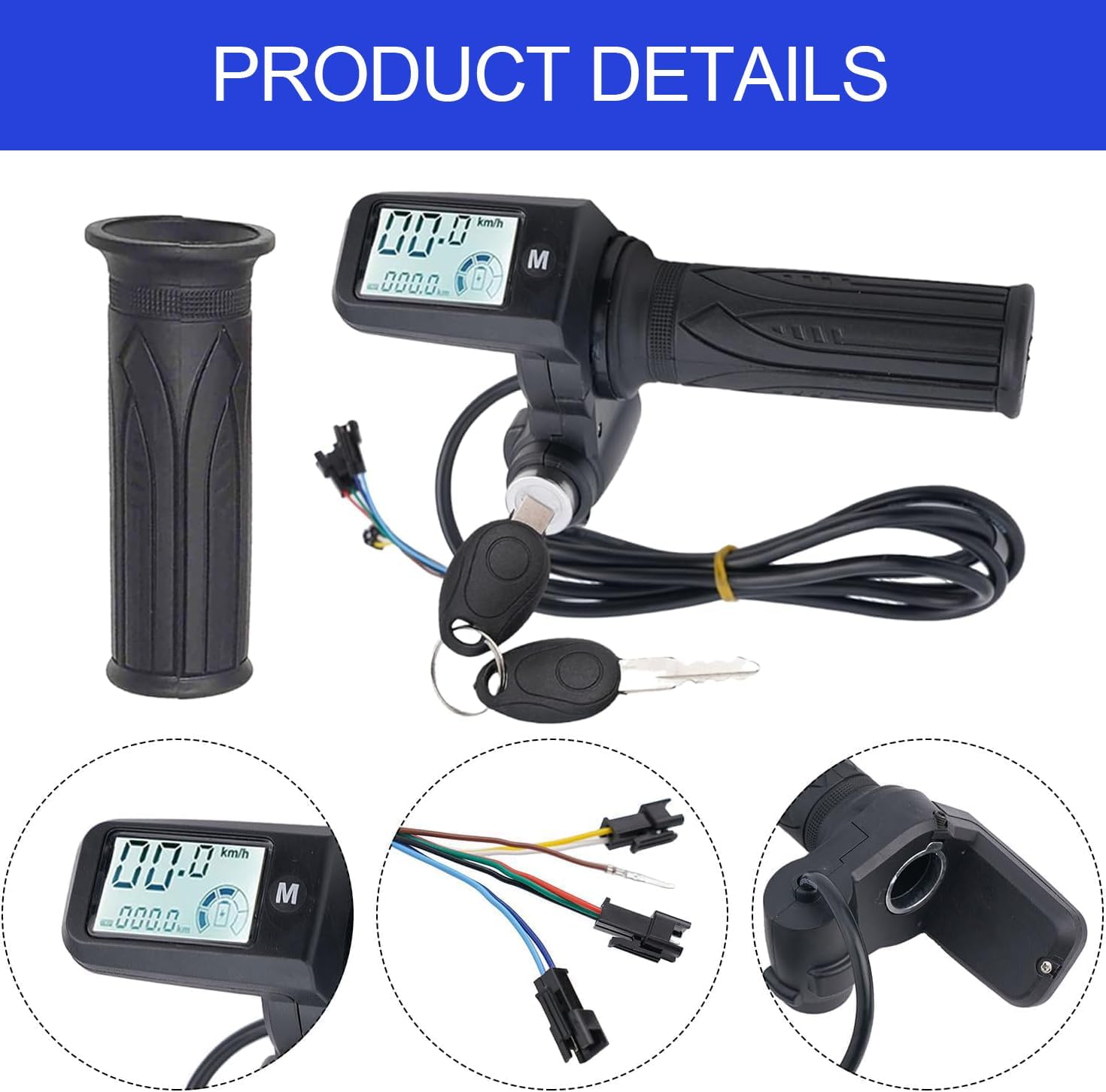 Full Twist Throttle, 8 Pin EBike Throttle 36V/48/60V Universal with 3 Speed Adjustment, LCD Speed Display, Key Switch, Electric Scooter Twist Grip for E-Bike, Motorcycle