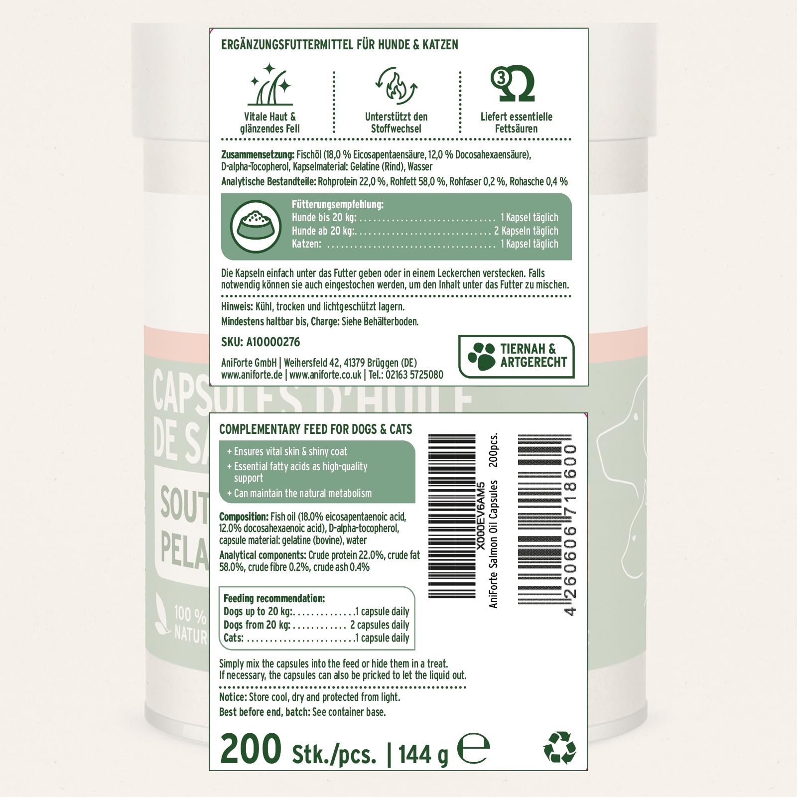 AniForte Huile de Saumon de Norvège 200 Capsules pour Chiens et Chats, Omega-3 acides Gras, Très Riche en Antioxydant, Beauté du Pelage, EPA DHA ALA, Barf Supplément