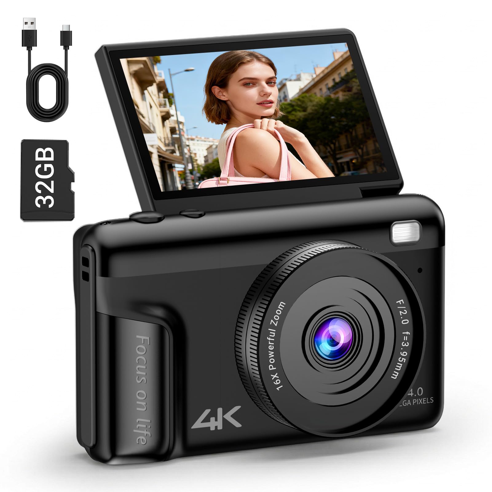 Cámara digital 4K para fotografía, cámara de vlogging de 64 MP para YouTube con pantalla abatible y antivibración, cámara de video de enfoque automático UHD con zoom digital de 16X con tarjeta SD de