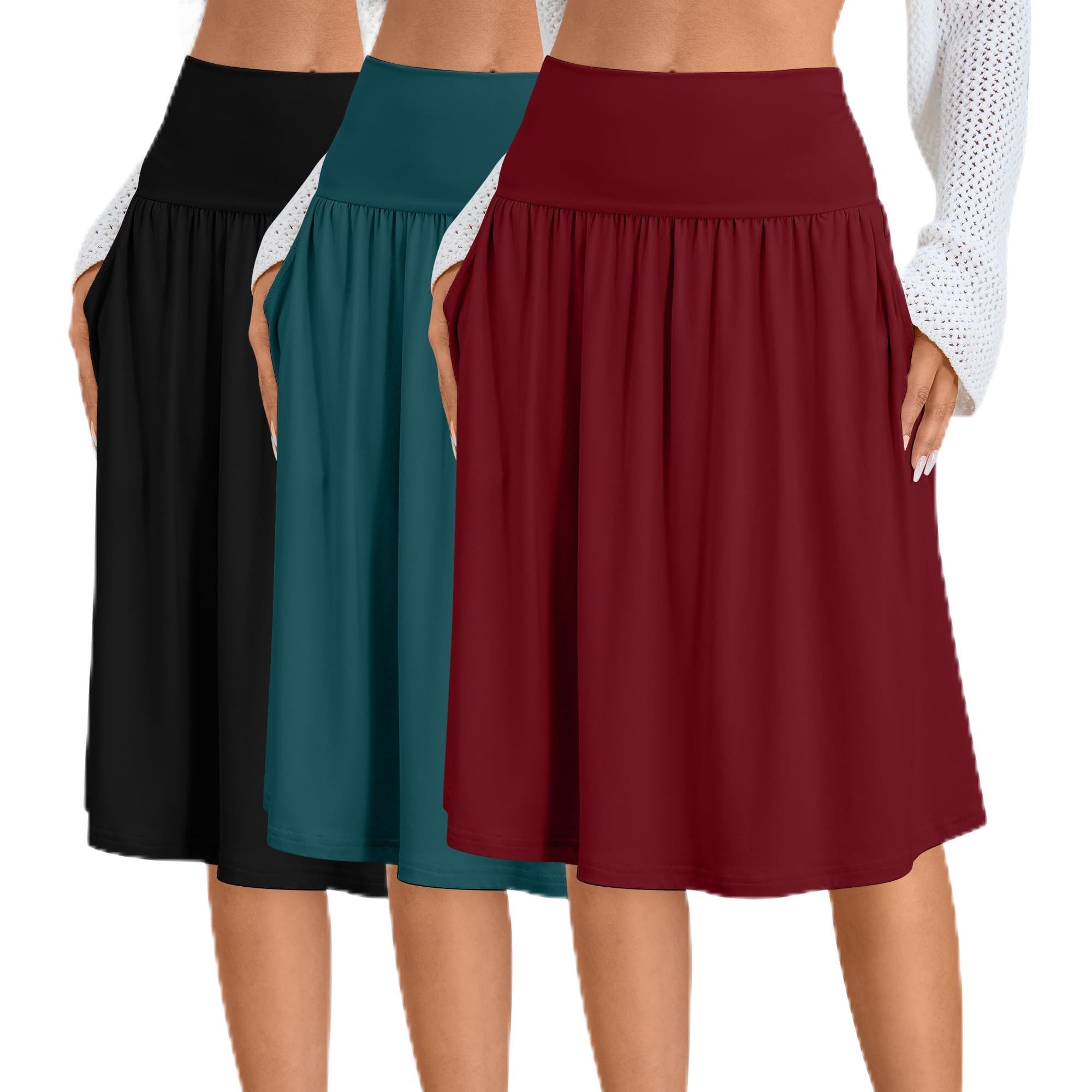 Ficerd 3 Pack Womens Knee Length Casual Skirts with Pockets Flared High Waisted Midi Pleated Flowy a Line