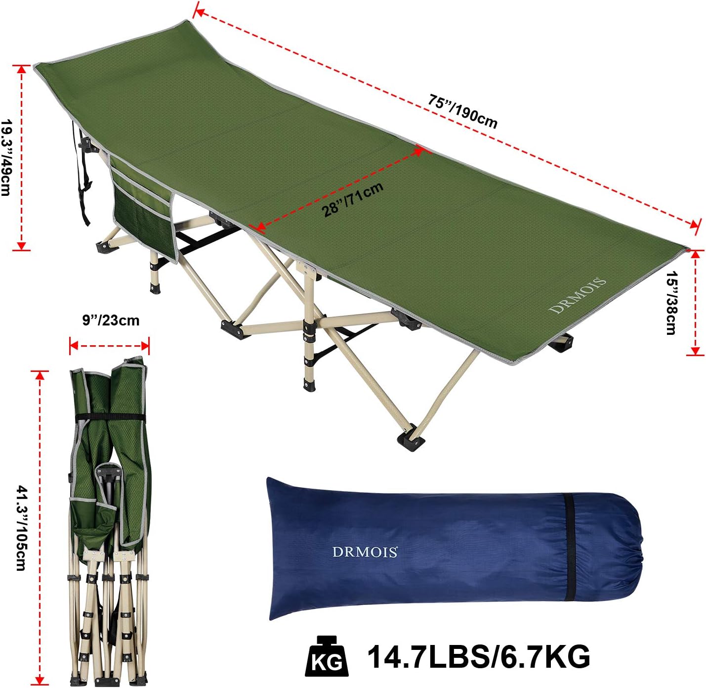 Diagram showing the unfolded and folded dimensions of the DRMOIS camping cot.