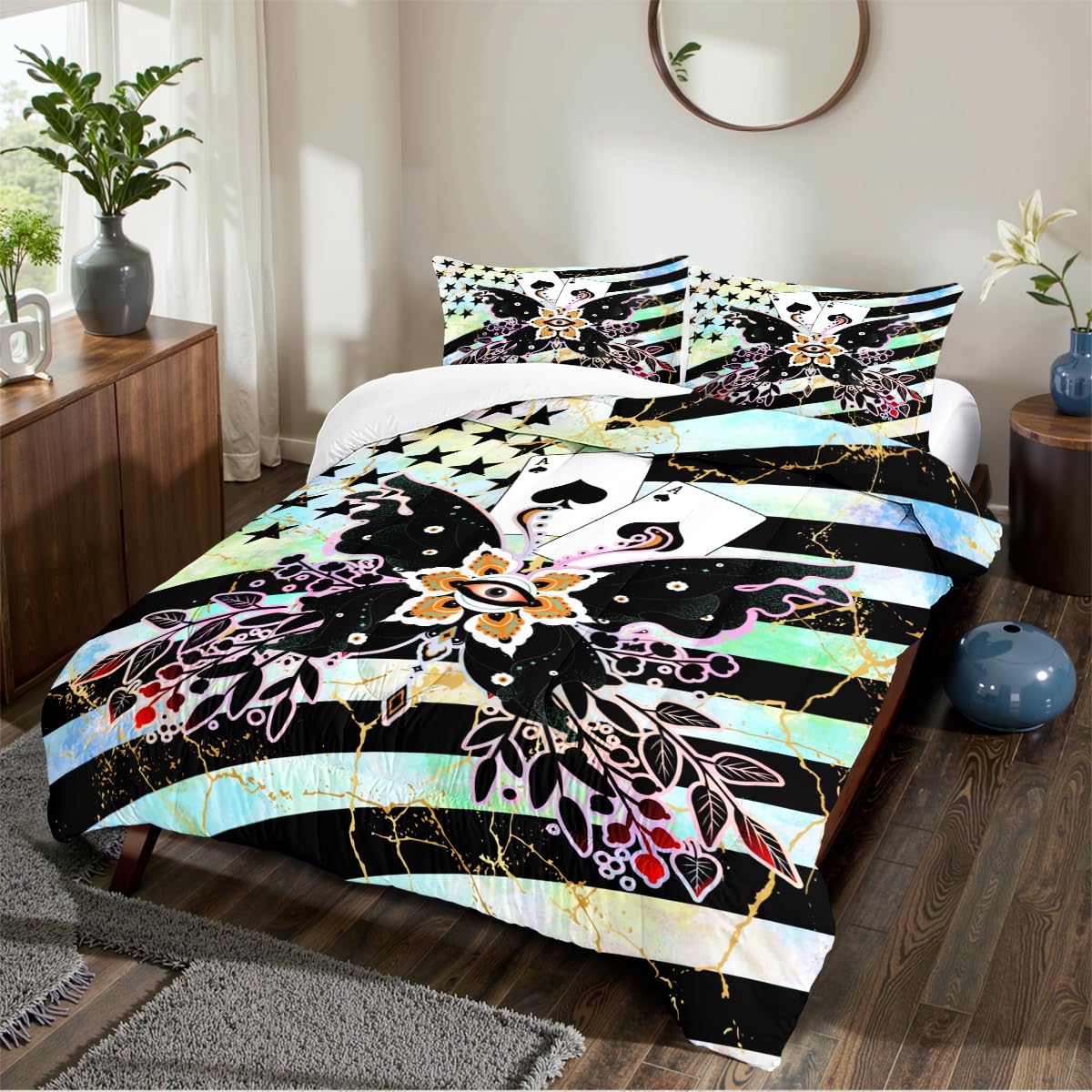 CCoutueChen Black Butterfly Comforter Set King Size Colorful Butterflies Bedding Set Slant Striped Marble Comforter Teen Modern Aesthetic Bedding Soft Down Alternative Comforter Sets for All Season