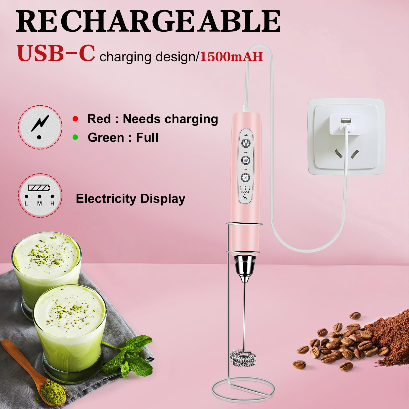 BSRGMS Espumador de leche de mano con soporte, batidor eléctrico de 3 velocidades ajustable, mezclador de bebidas con 3 batidores de acero inoxidable, varita espumadora de mano recargable, máquina de
