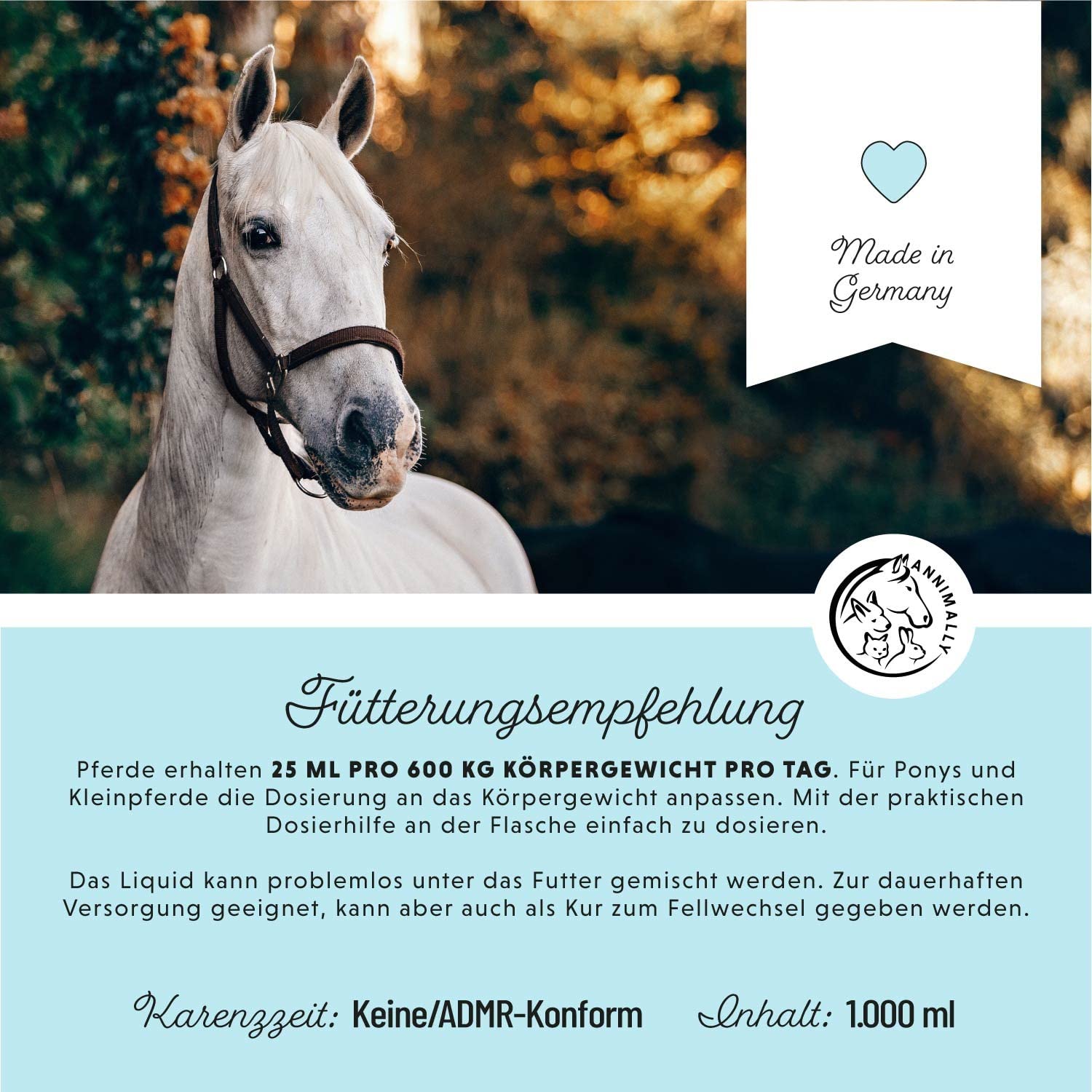 Annimally Pferd Biotin Zink Liquid 1000ml - Pflege für Haut, Haare & Hufe für Pferde - Biotin, Zink und MSM flüssig für EIN gesundes Fell - Fellpflege & Hufpflege für Pferde