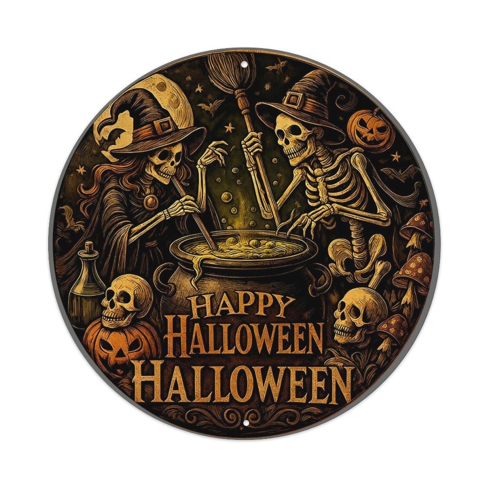 Happy Halloween Skeleton Witch Cauldron Tin Sign Metal Poster Vintage Metal Signs for Home Man Cave Bar Cafe Kitchen laundry room Wall Decorations 8x8 inches
