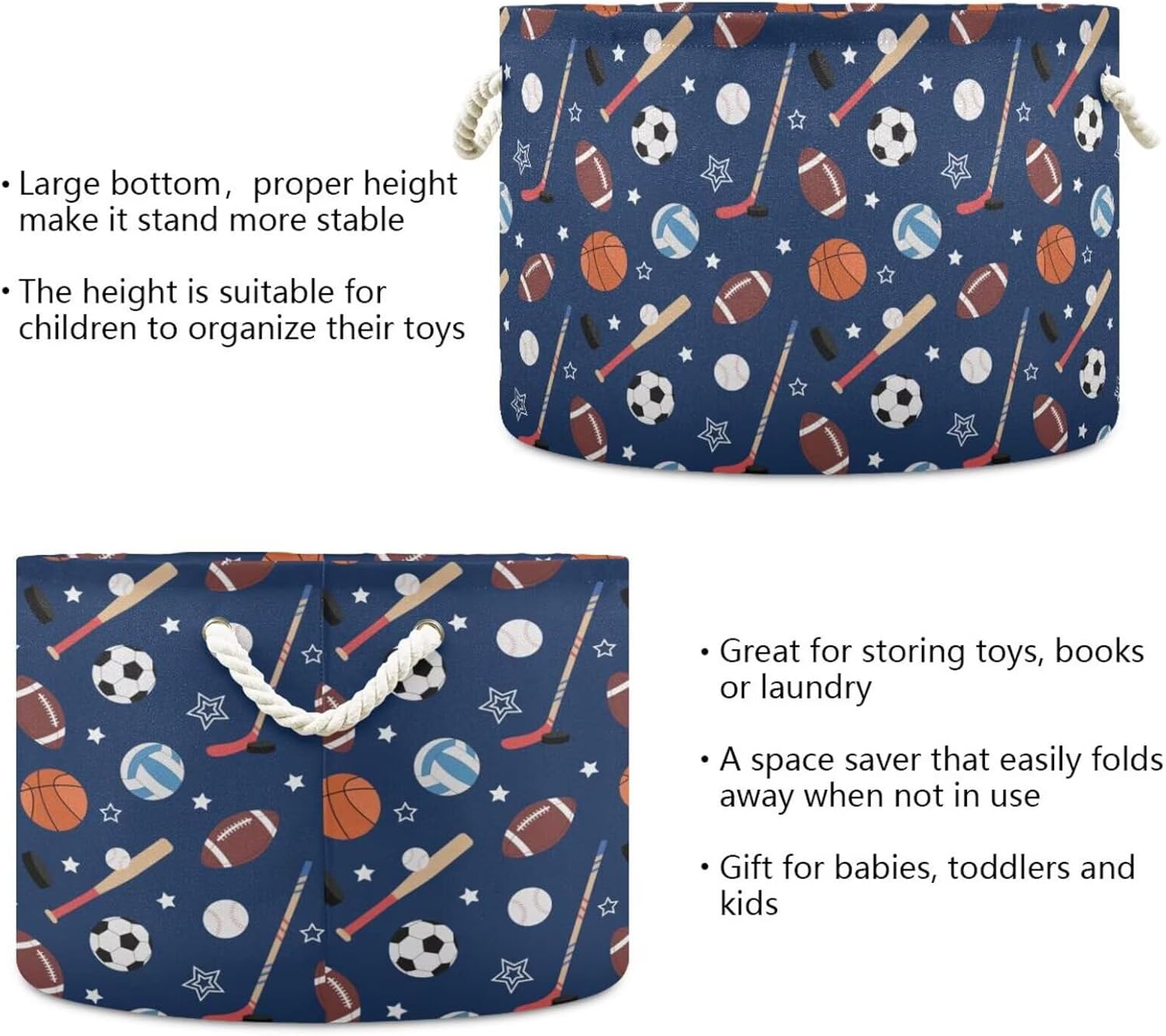 Sport Ball Print Round Storage Basket Baseball Basketball Soccer Rugby Hockey Large Laundry Hamper 20" x 20" x 14" Organizer Bin with Handles Clothes Storage Bag for Nursery Bedroom Living Room Decor