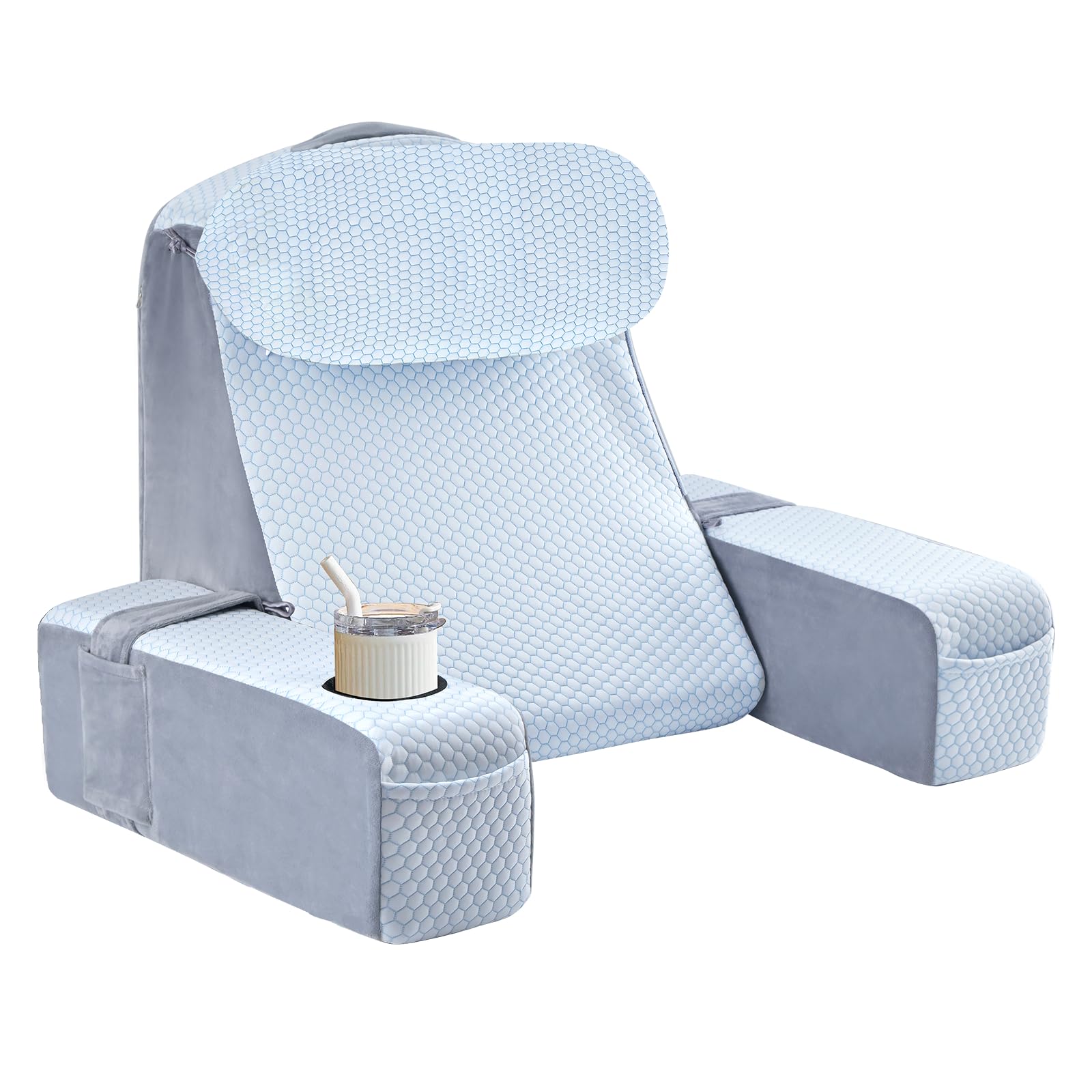 AS AWESLING Reading Pillow for Adults, Back Pillow for Bed Sitting Up, Backrest Cushion for Sitting in Bed, Detachable Arms with Built-in Cup & Phone Caddy (WHITE COOLING-POLKA, 19 INCH)