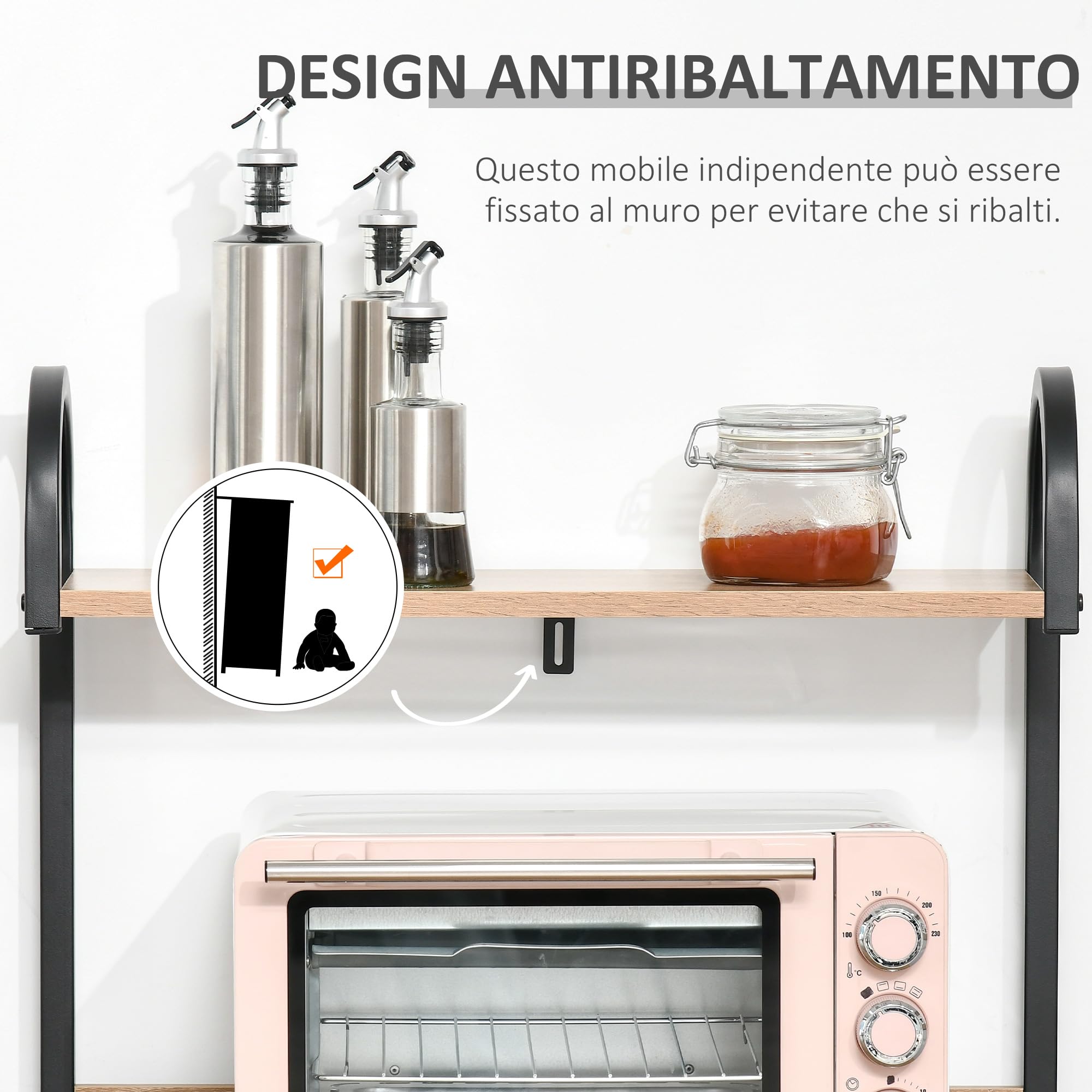 HOMCOM Mobiletto per Microonde, Scaffale da Cucina a 4 Ripiani e 4 Ganci, Mobile Cucina in Acciaio e Legno 60x40x125cm, Color Legno